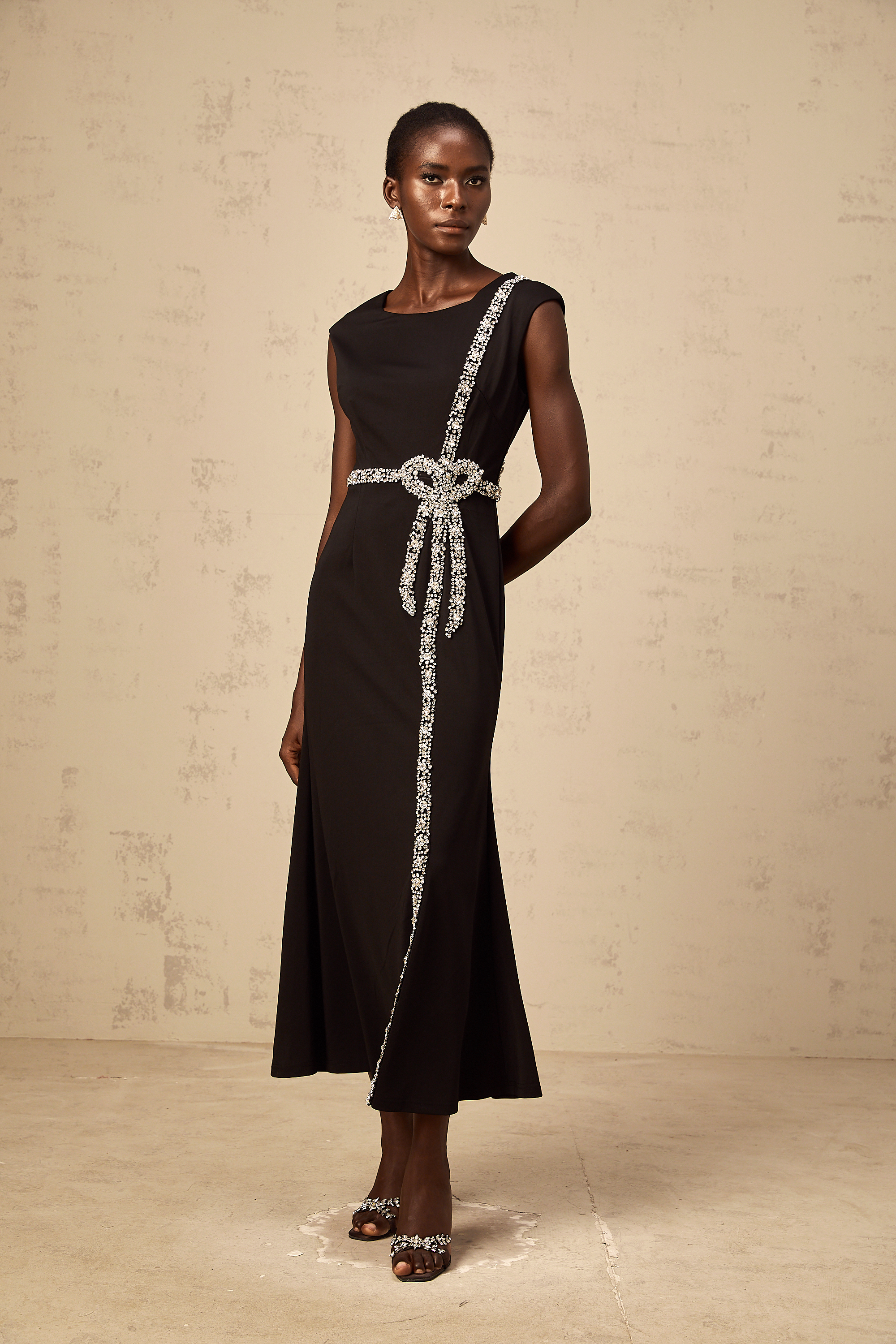 Paloma black bow embellished mermaid midi dress (Final Sale)