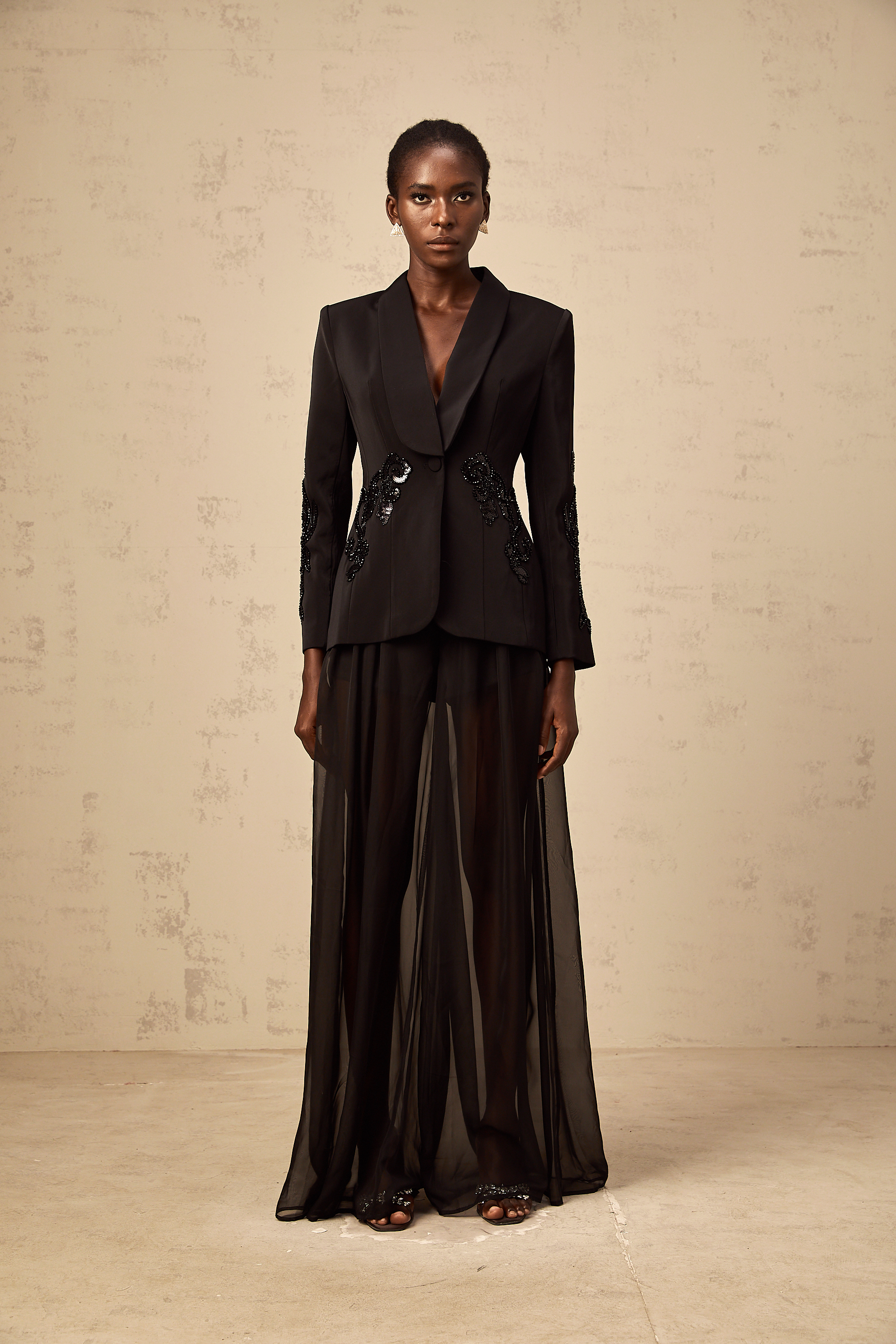 Sabine black embellished tulle-panel blazer & trousers matching set