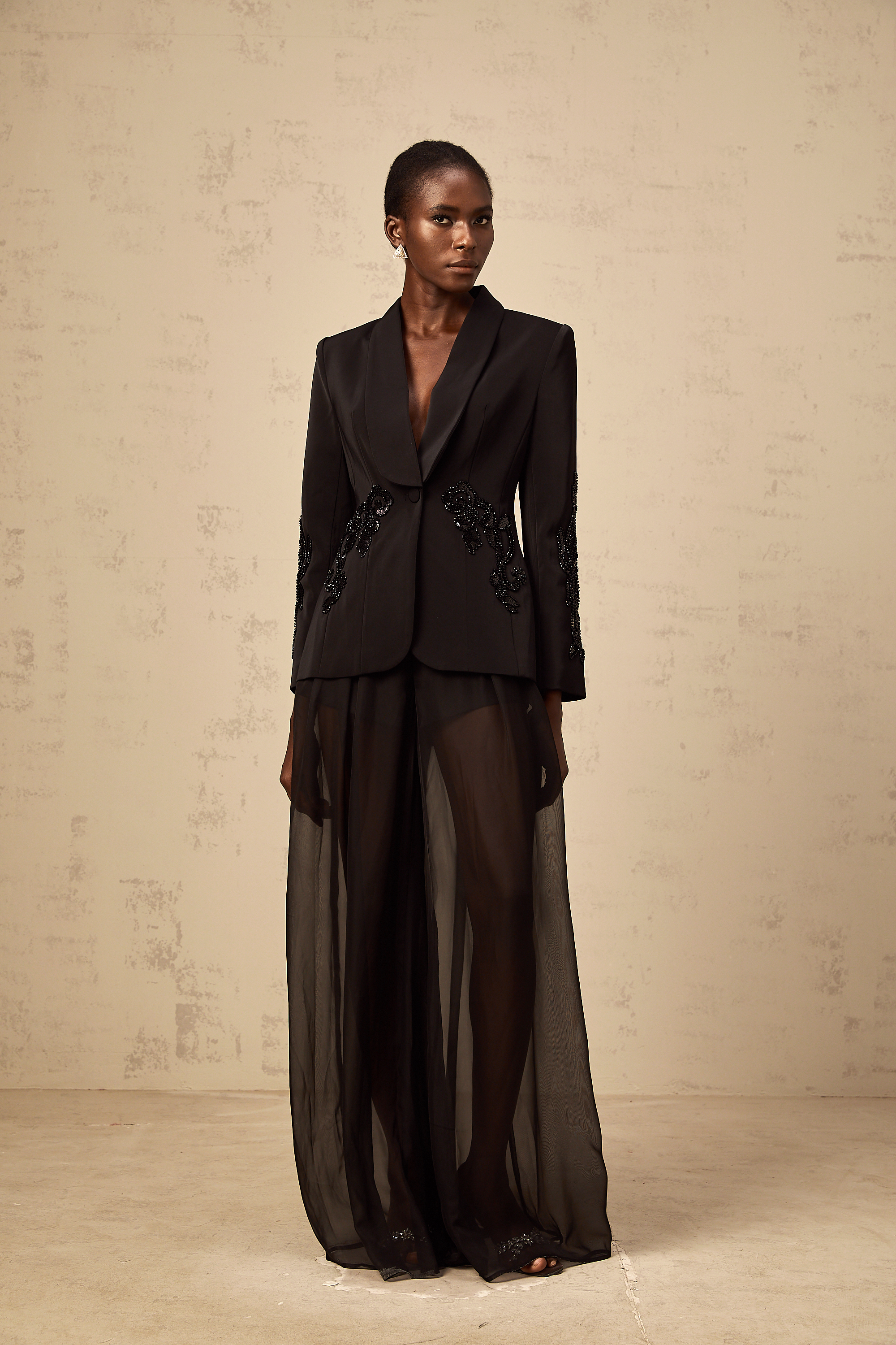 Sabine black embellished tulle-panel blazer & trousers matching set