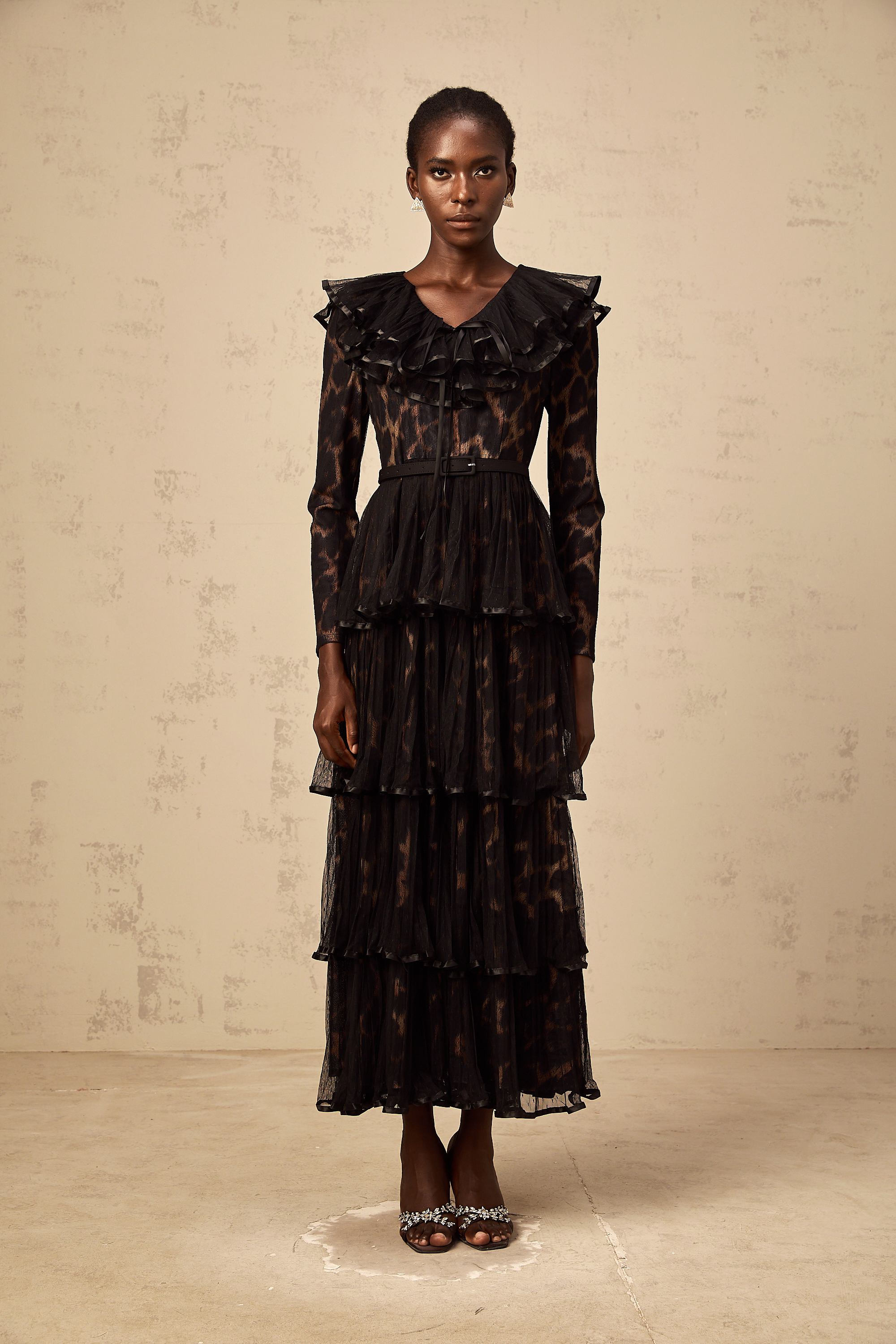 Mélodie black leopard-print tiered flounce midi dress