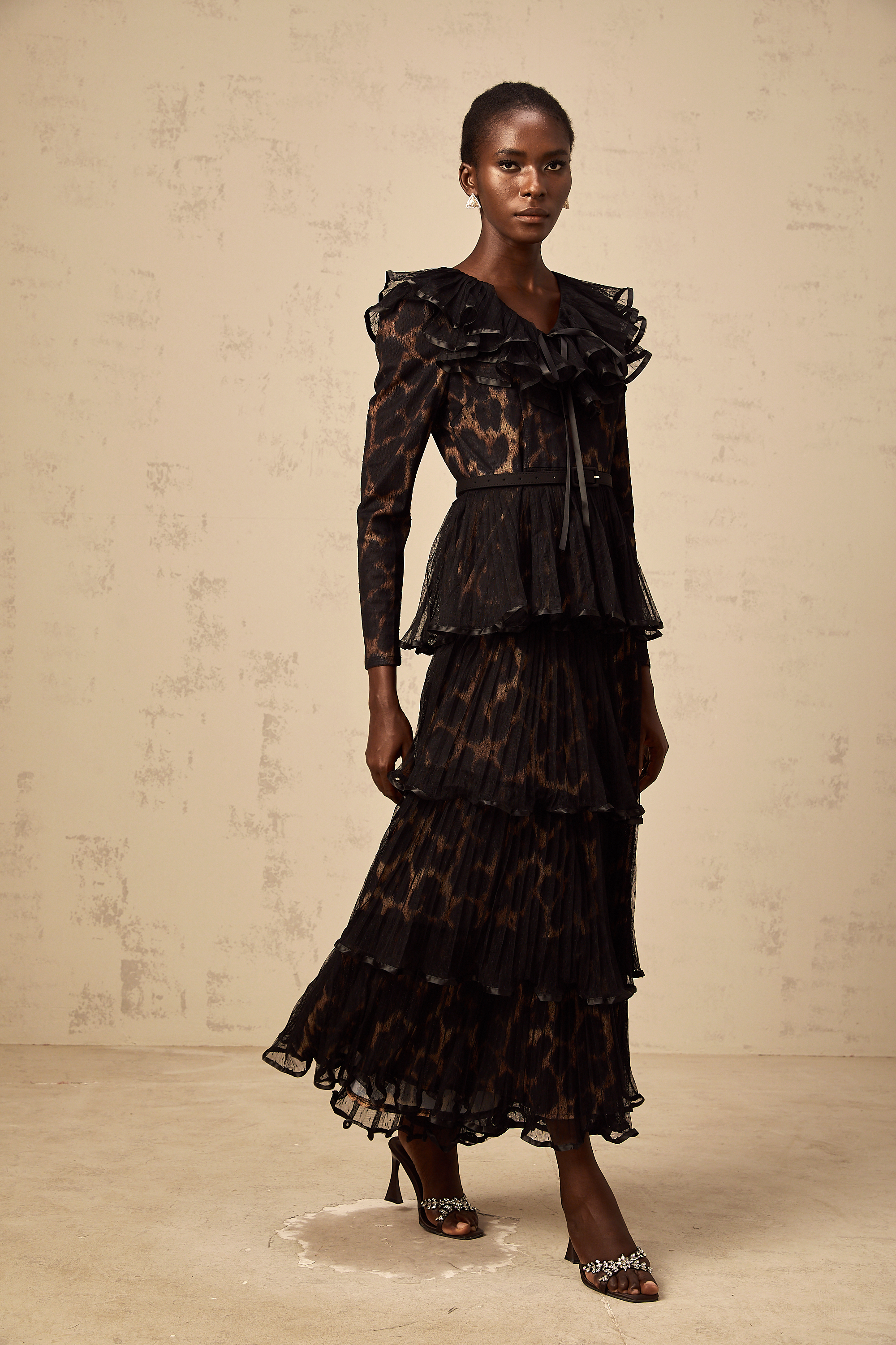 Mélodie black leopard-print tiered flounce midi dress
