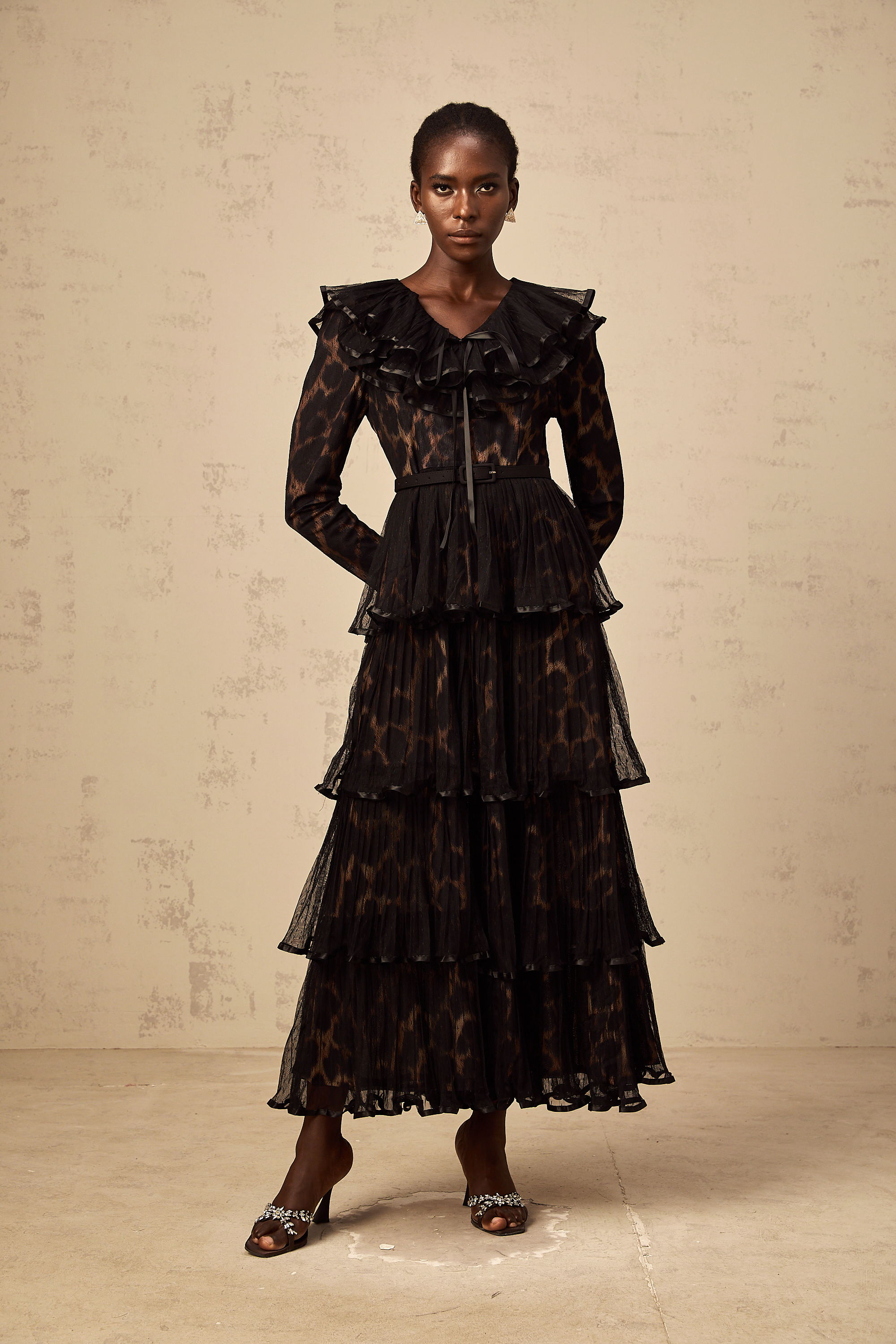 Mélodie black leopard-print tiered flounce midi dress