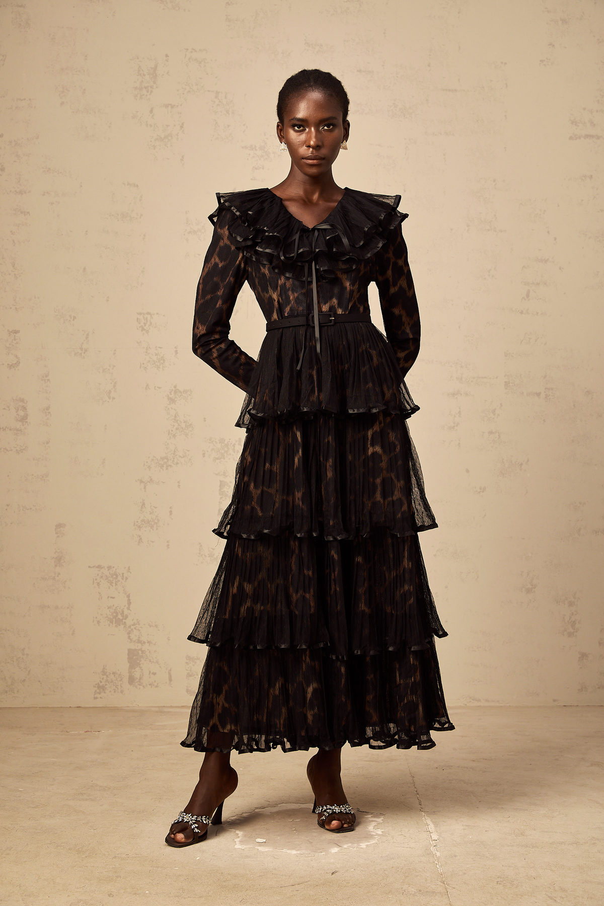 Mélodie black leopard-print tiered flounce midi dress