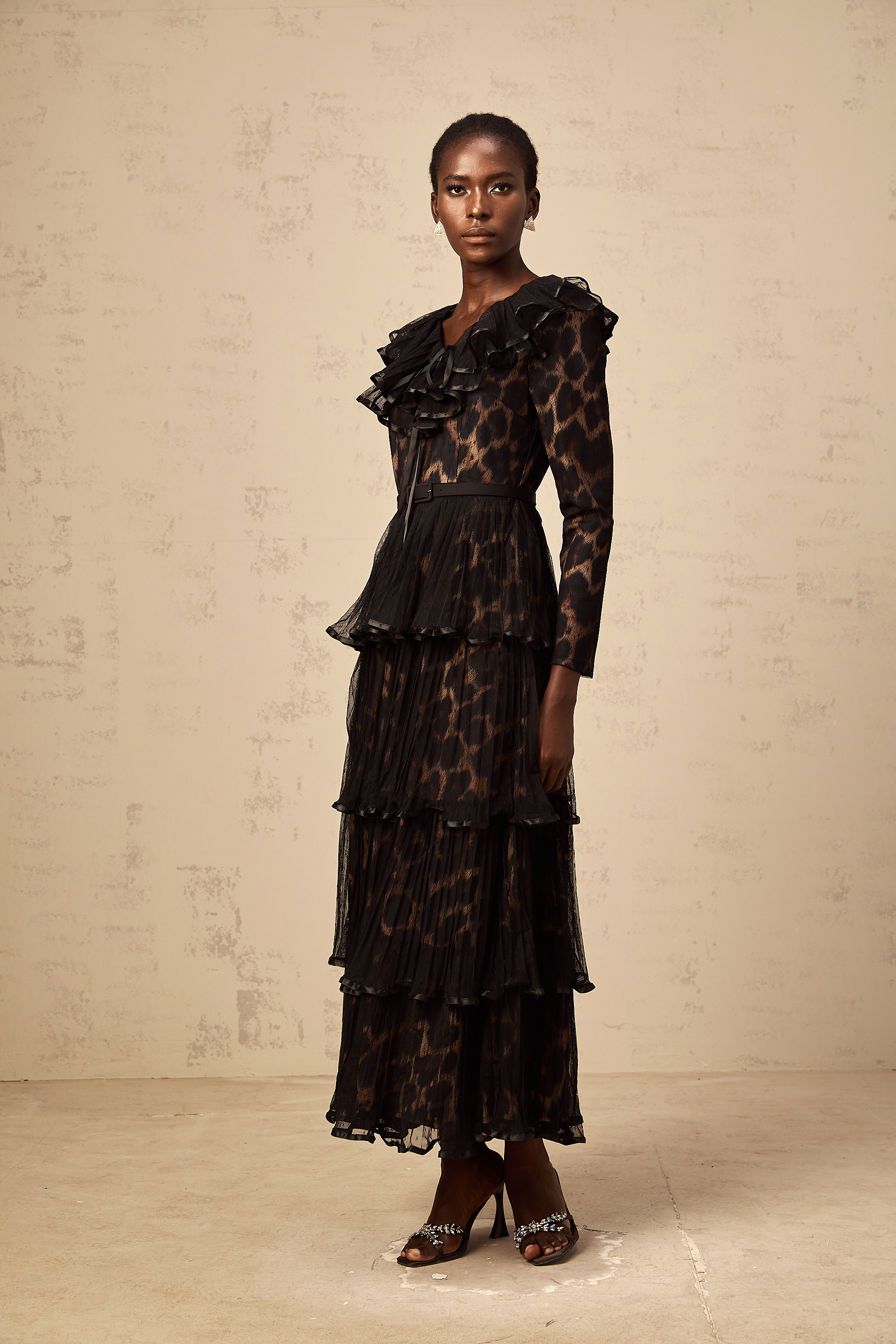 Mélodie black leopard-print tiered flounce midi dress