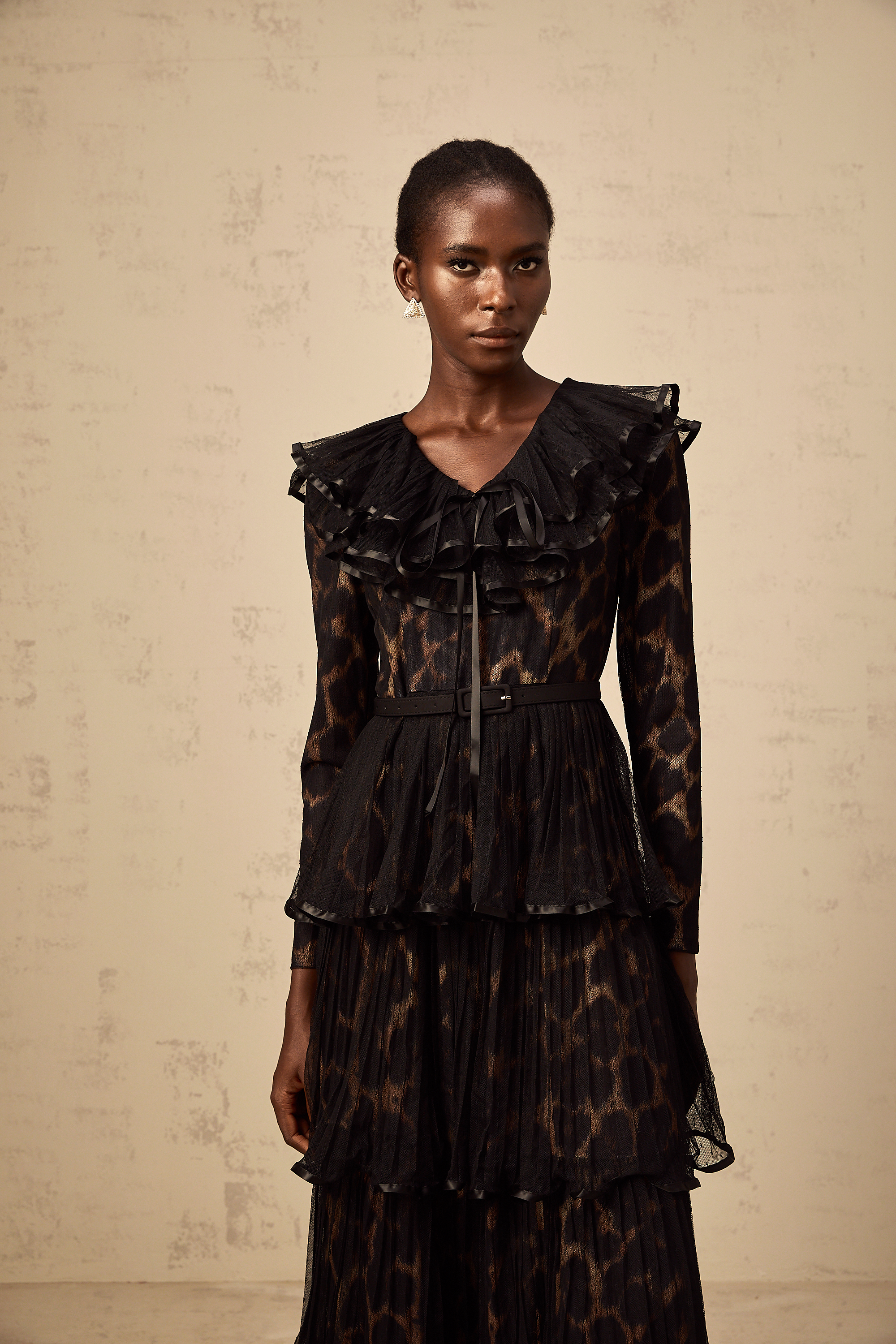 Mélodie black leopard-print tiered flounce midi dress