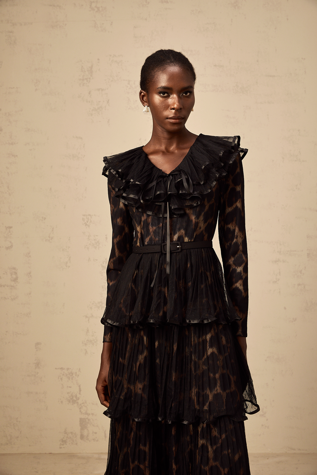 Mélodie black leopard-print tiered flounce midi dress