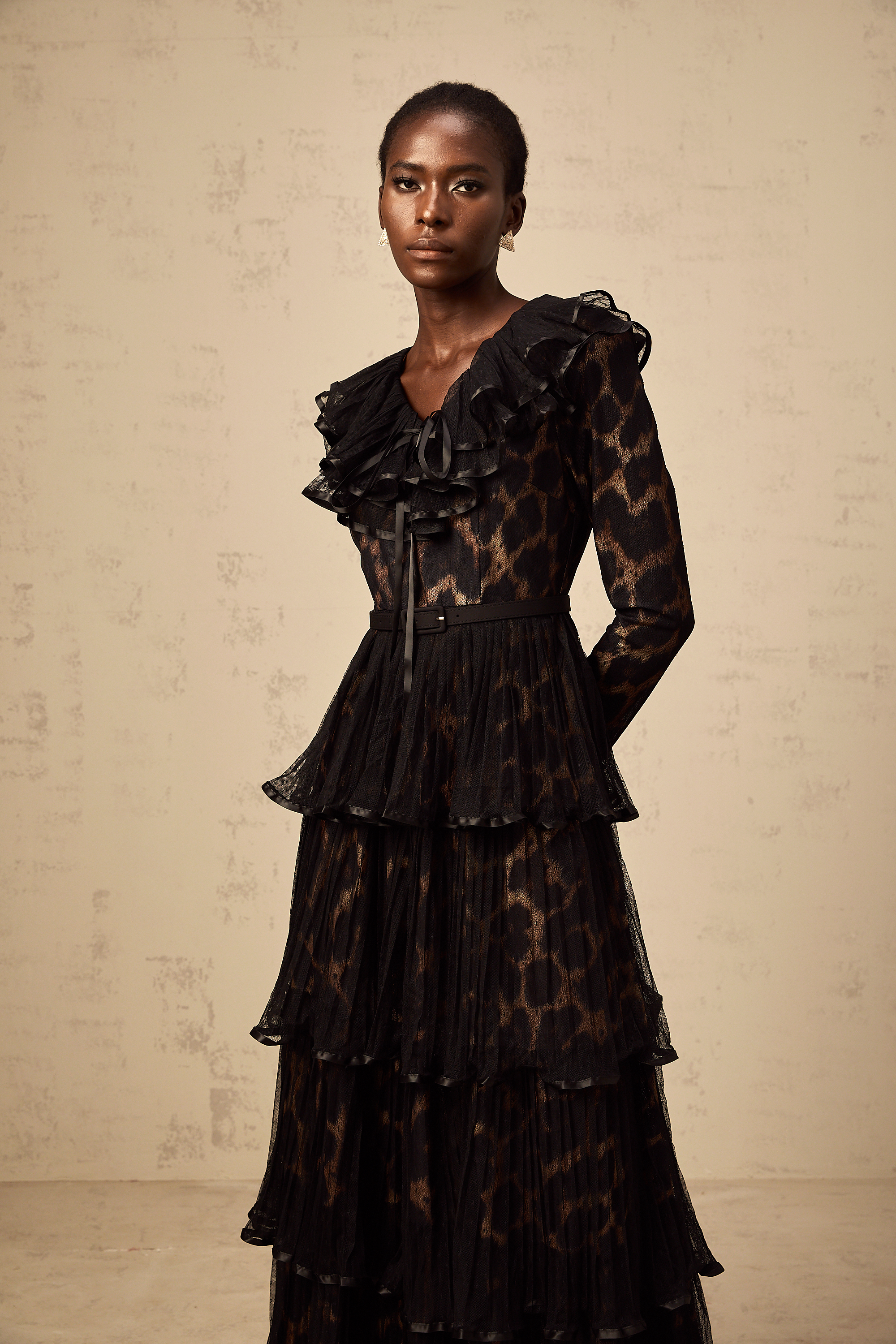 Mélodie black leopard-print tiered flounce midi dress