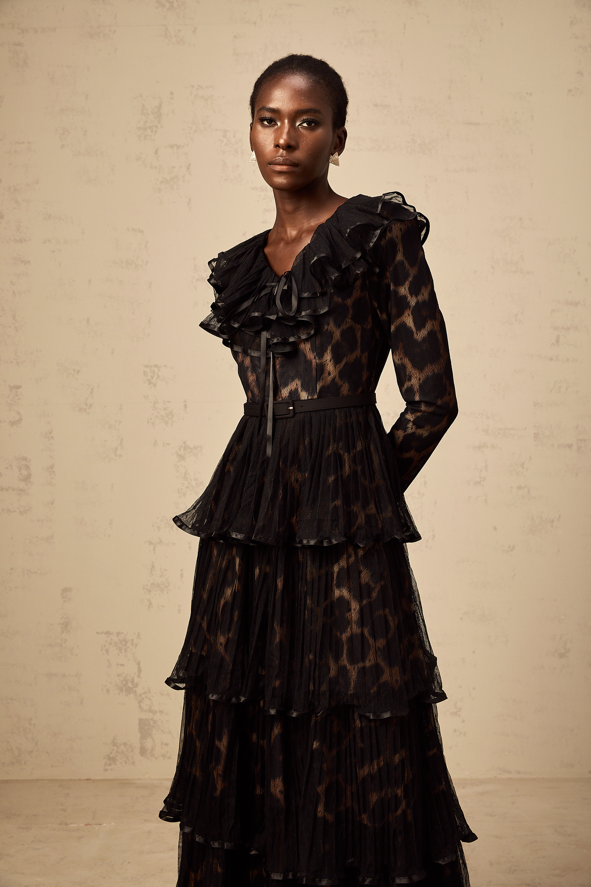 Mélodie black leopard-print tiered flounce midi dress