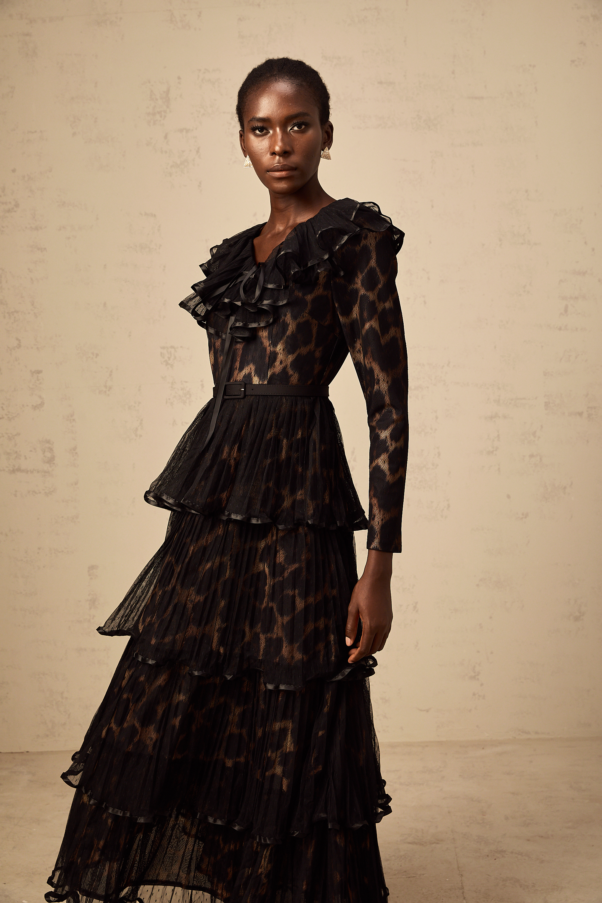 Mélodie black leopard-print tiered flounce midi dress