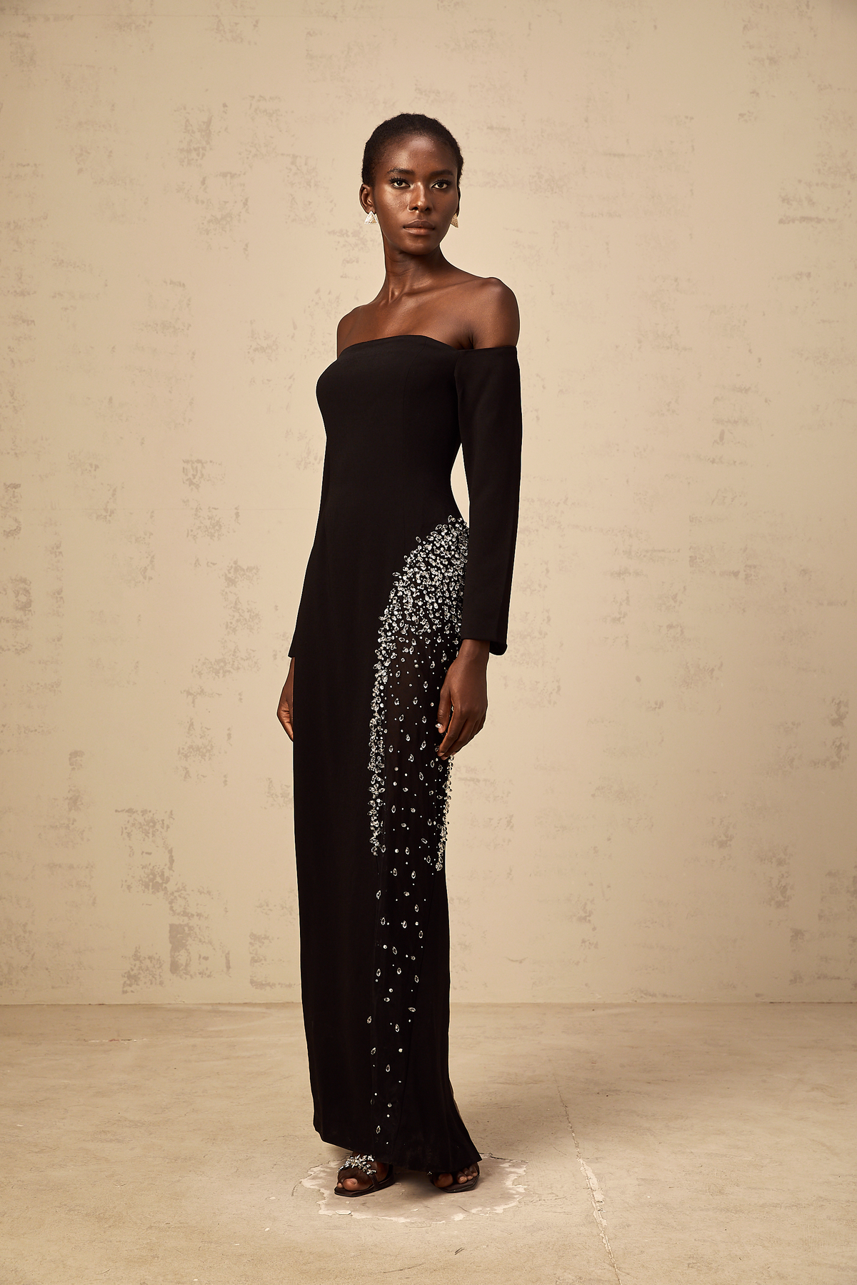 Hyacinthe black mesh-panel embellished maxi dress