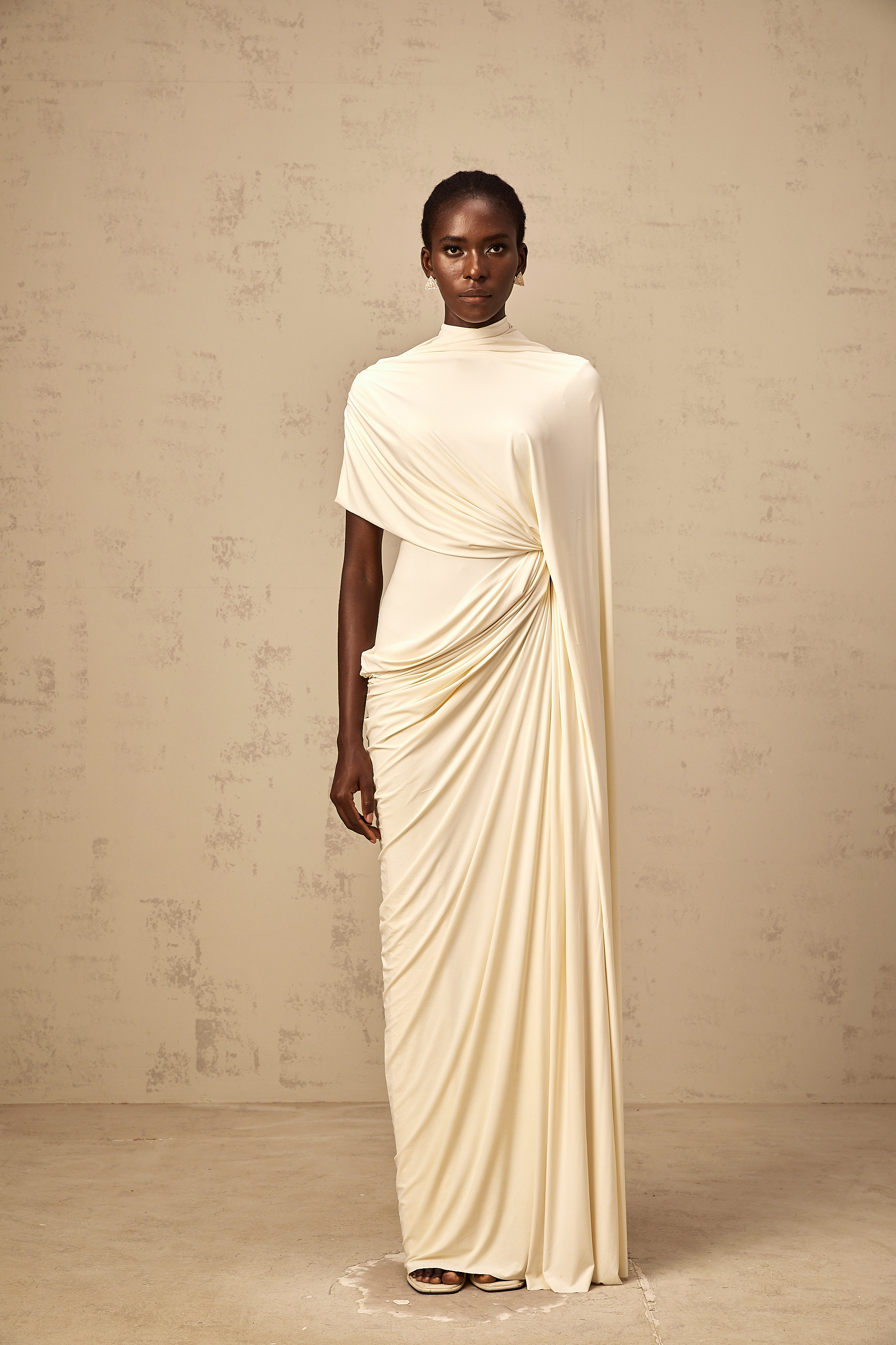 Priscille asymmetrical draped cape & dress matching set in White