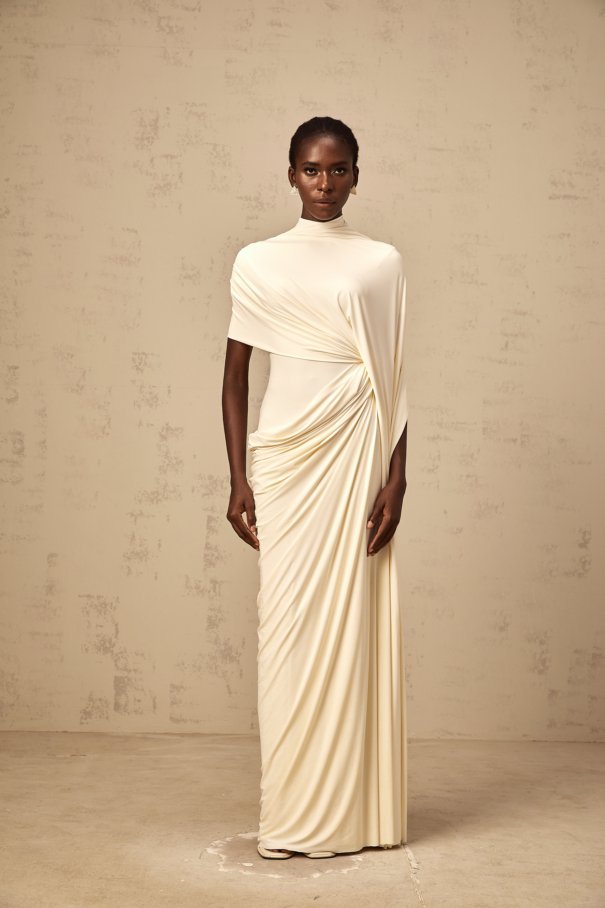 Priscille asymmetrical draped cape & dress matching set in White