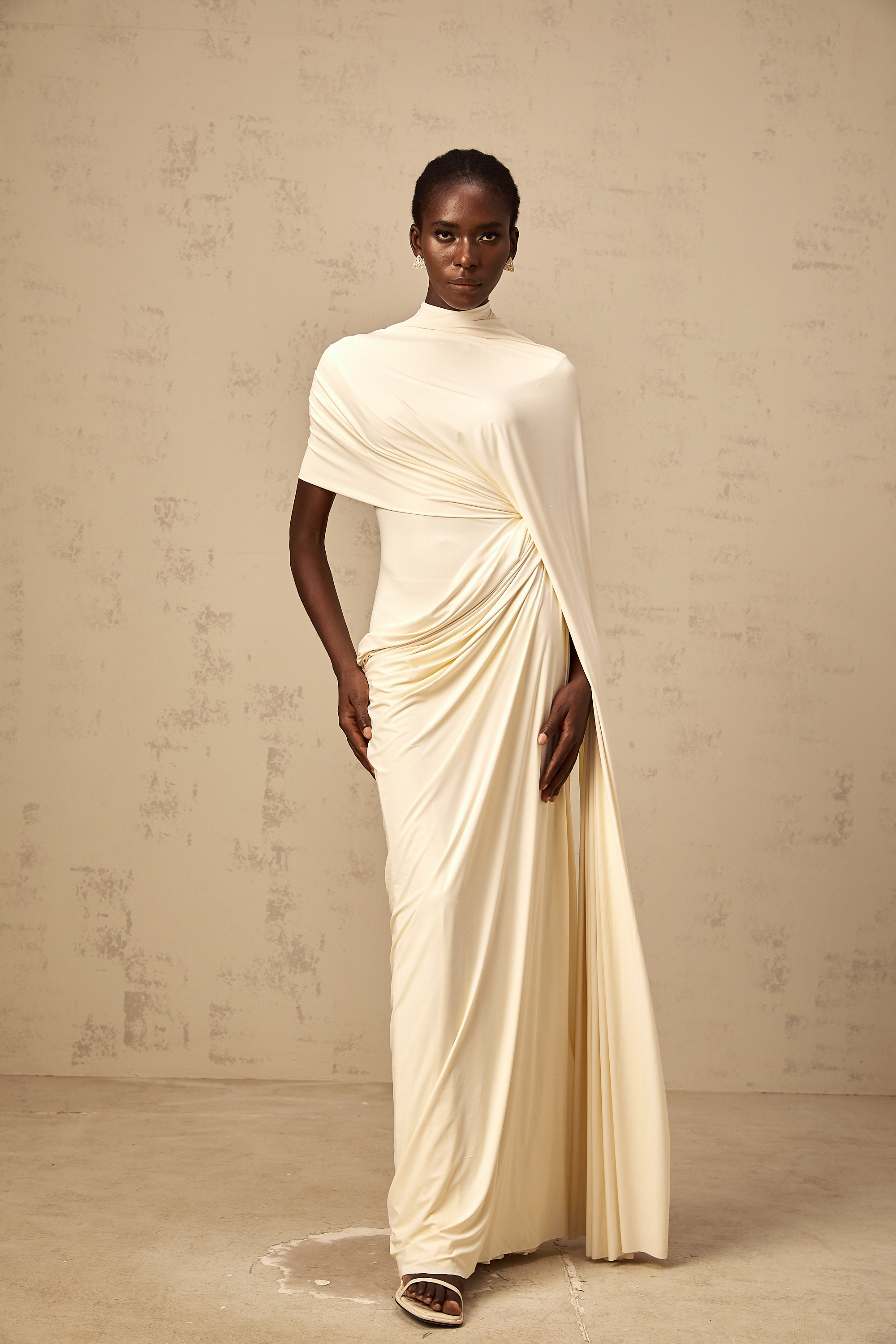 Priscille asymmetrical draped cape & dress matching set in White