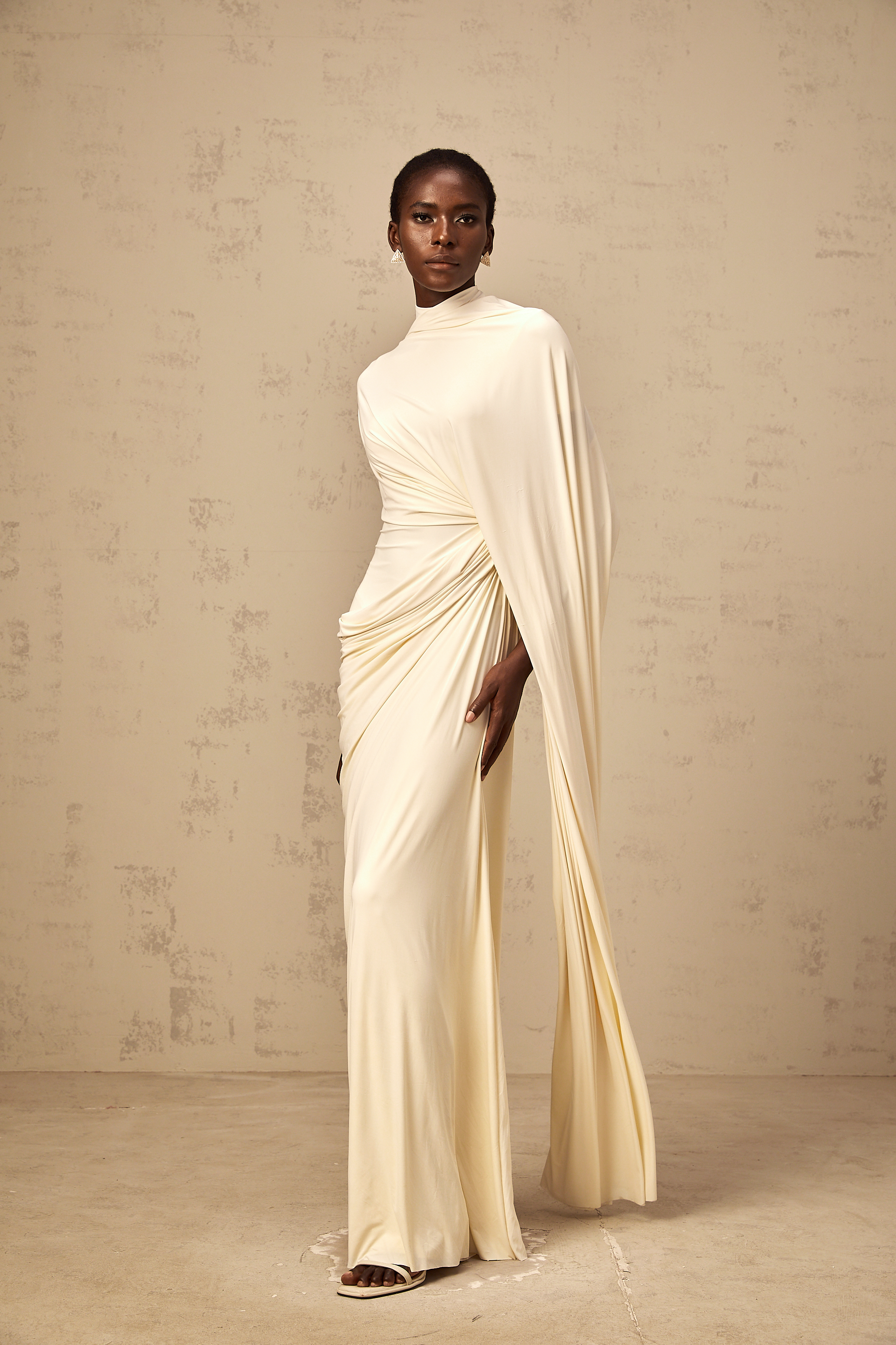 Priscille asymmetrical draped cape & dress matching set in White