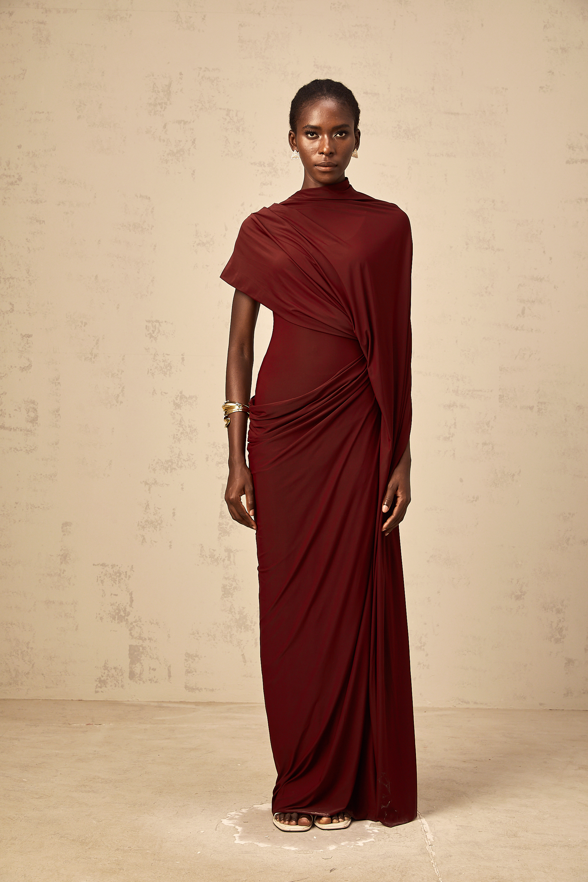 Priscille asymmetrical draped cape & dress matching set in Burgundy