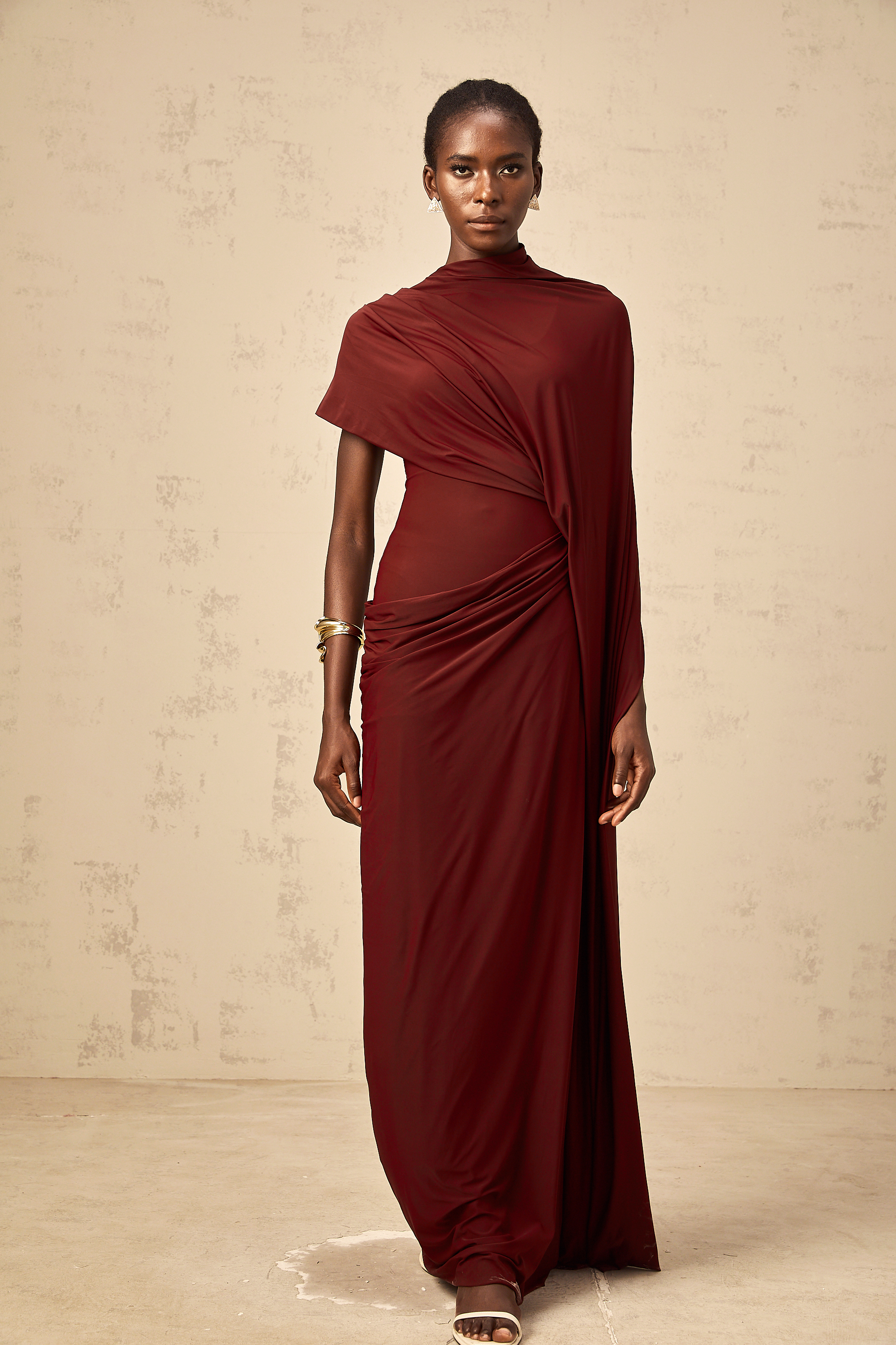 Priscille asymmetrical draped cape & dress matching set in Burgundy