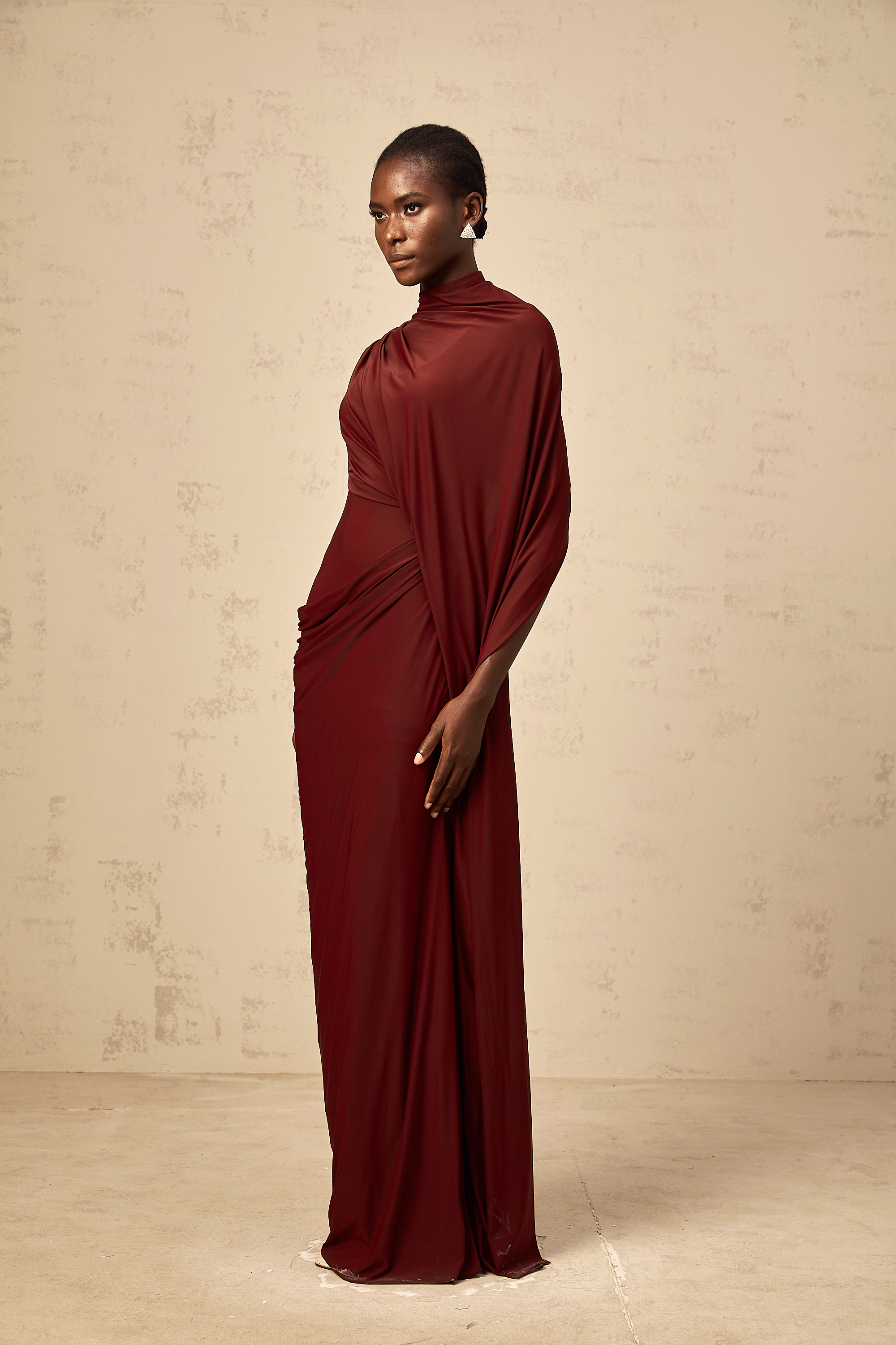 Priscille asymmetrical draped cape & dress matching set in Burgundy