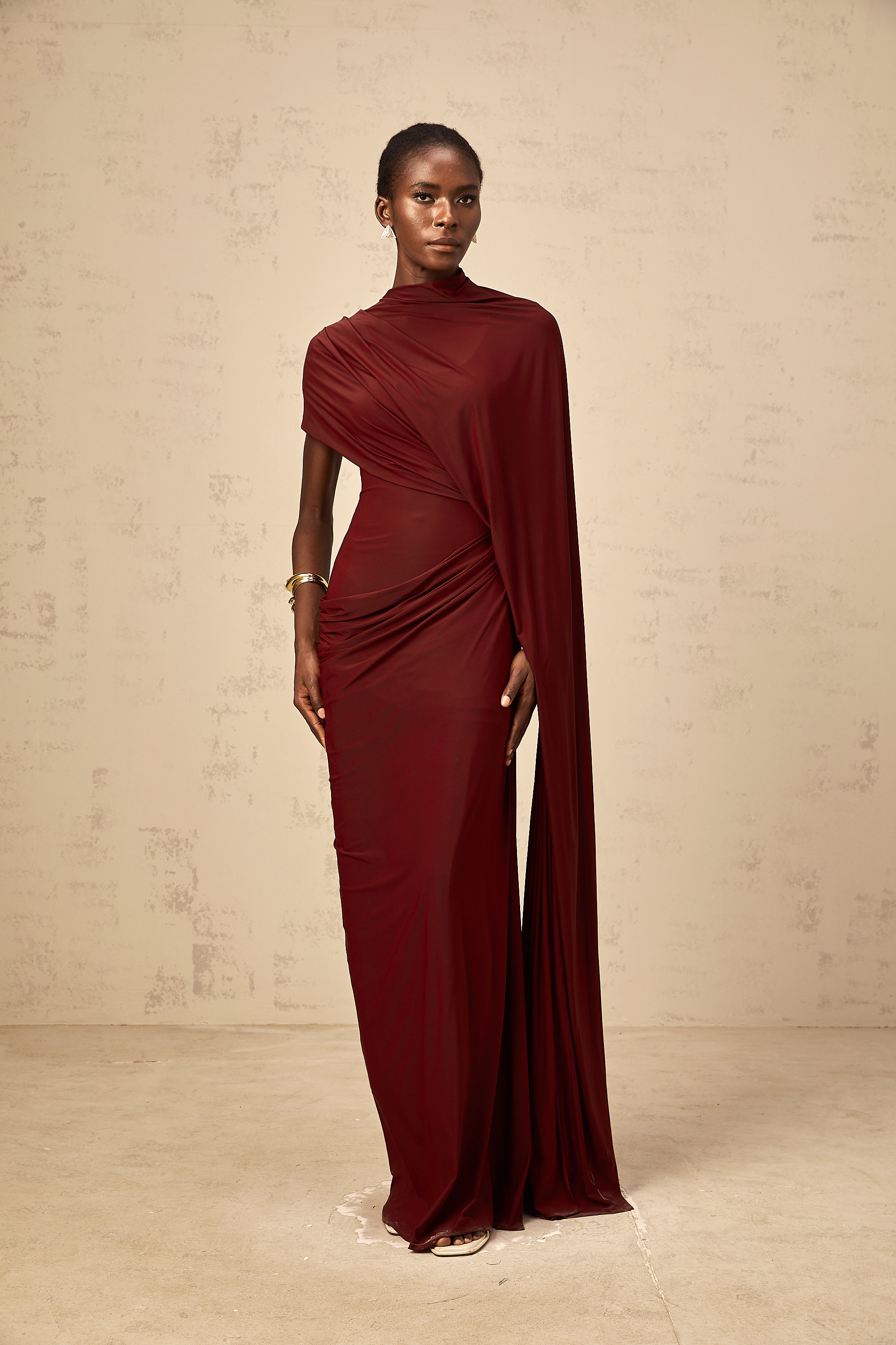 Priscille asymmetrical draped cape & dress matching set in Burgundy