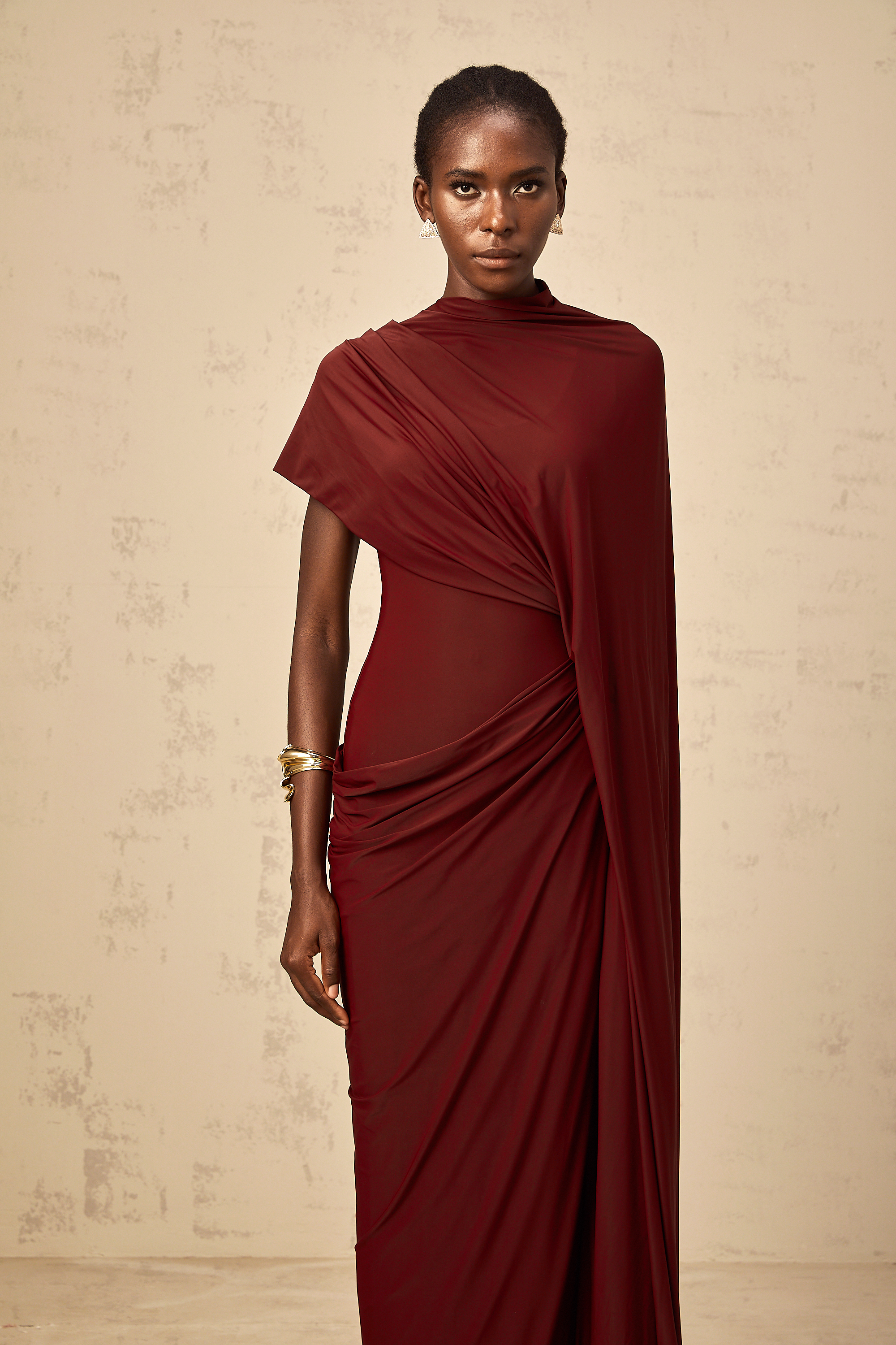 Priscille asymmetrical draped cape & dress matching set in Burgundy