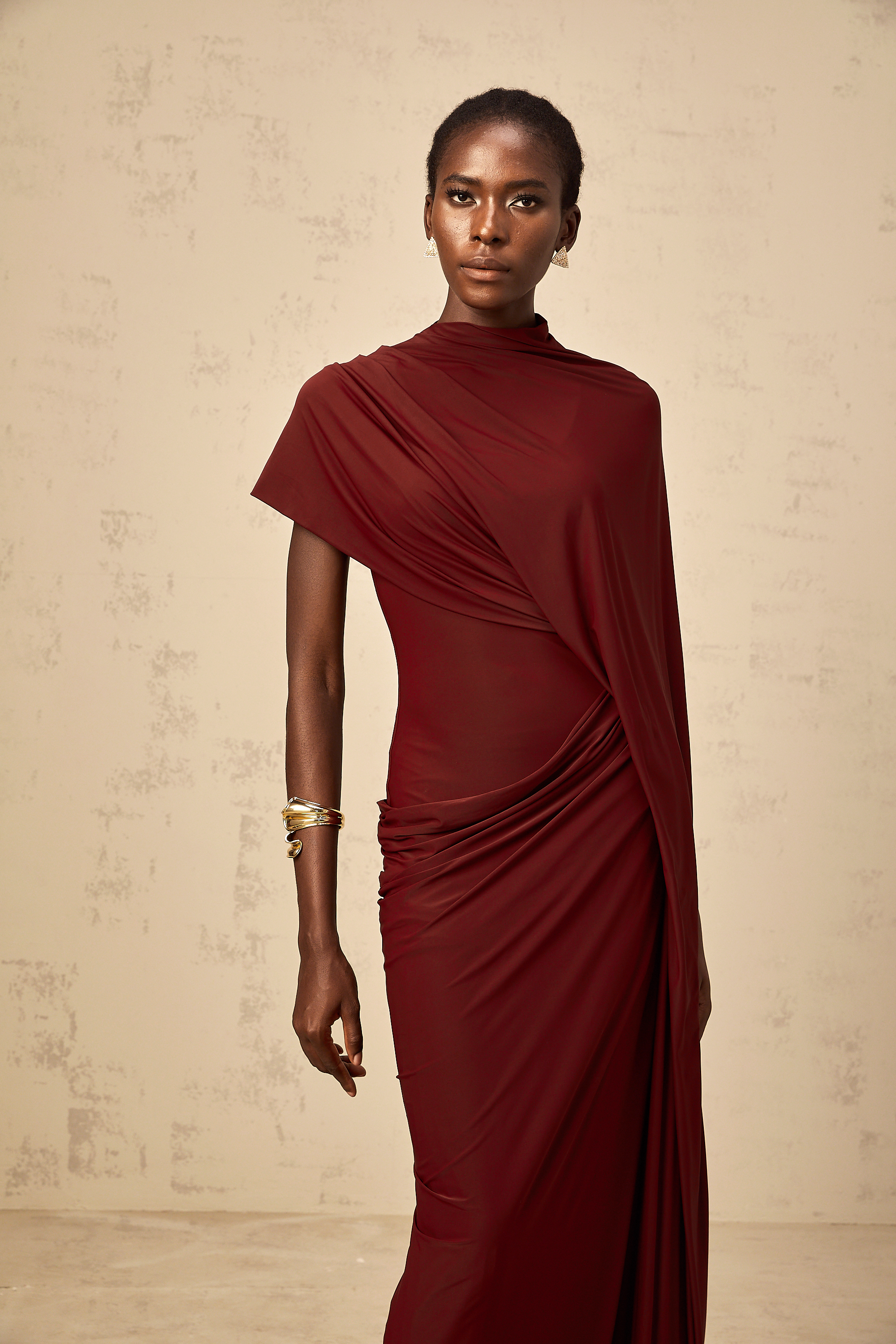 Priscille asymmetrical draped cape & dress matching set in Burgundy