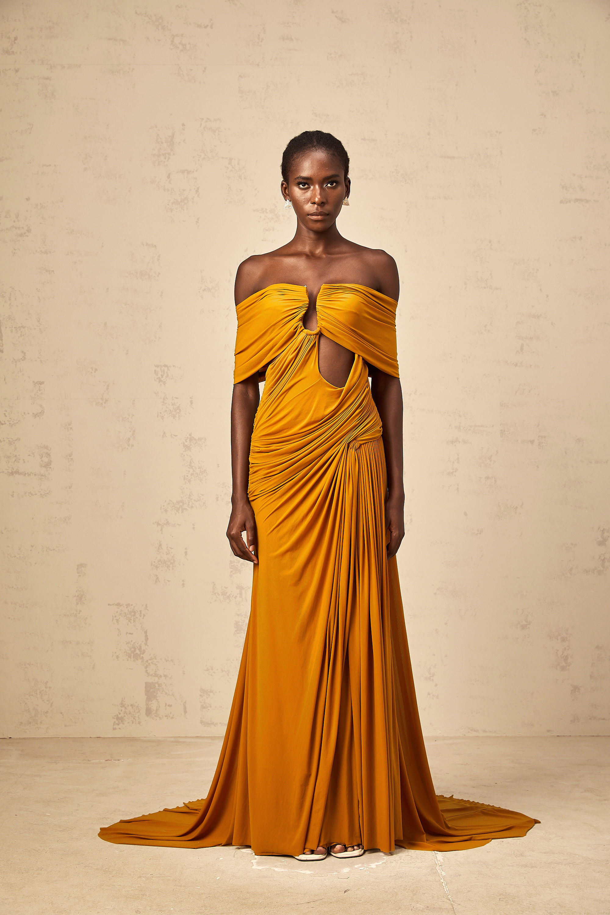 Ludivine ginger off-shoulder cut-out ruched maxi dress