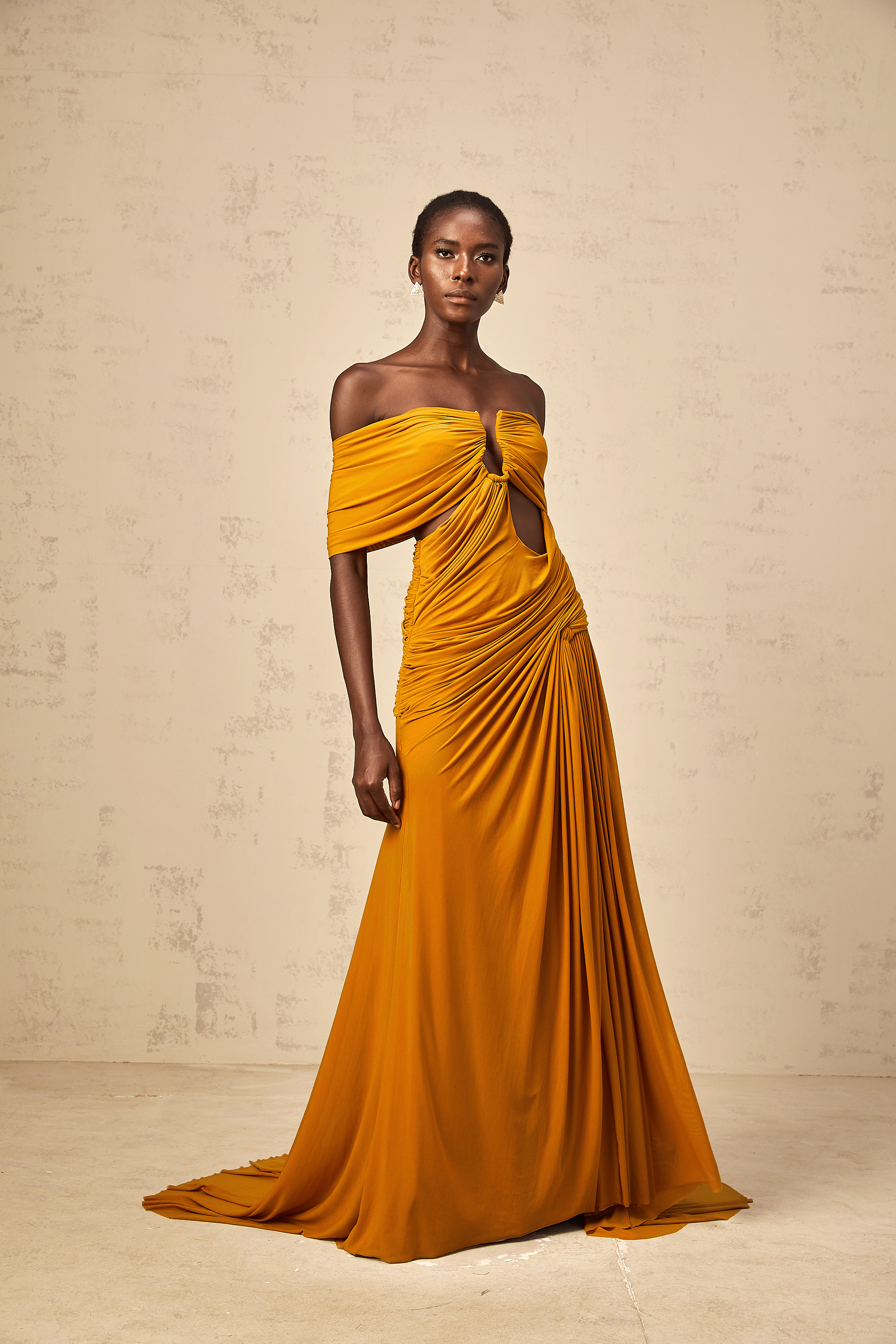 Ludivine ginger off-shoulder cut-out ruched maxi dress