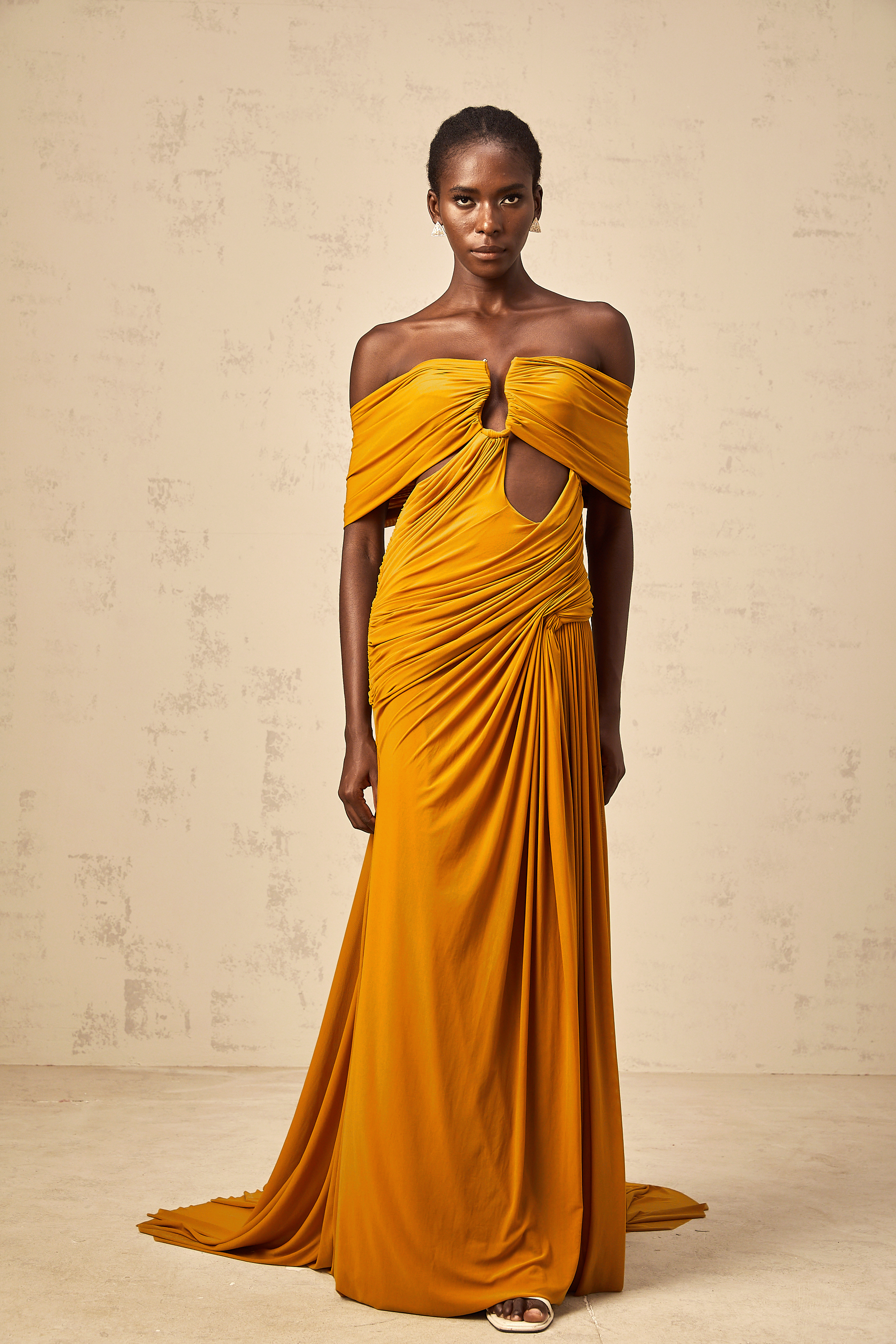 Ludivine ginger off-shoulder cut-out ruched maxi dress