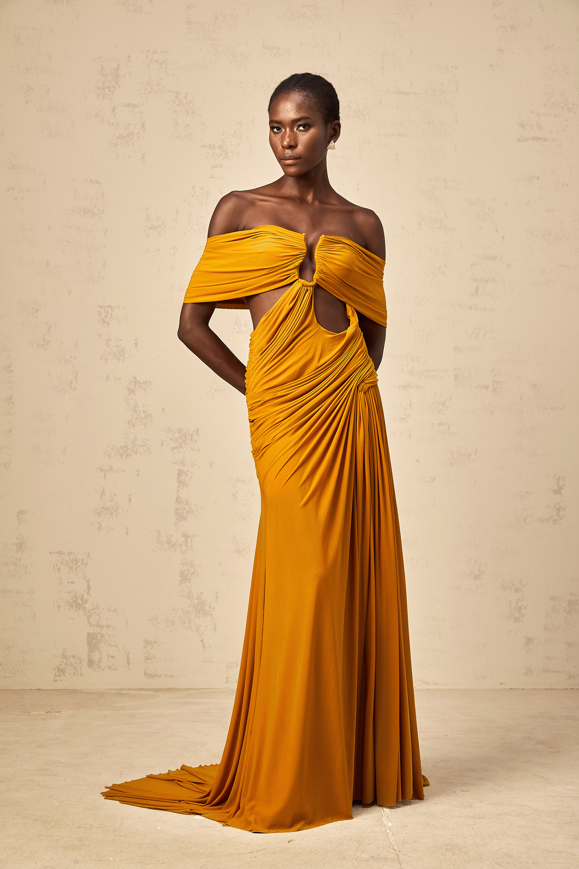 Ludivine ginger off-shoulder cut-out ruched maxi dress