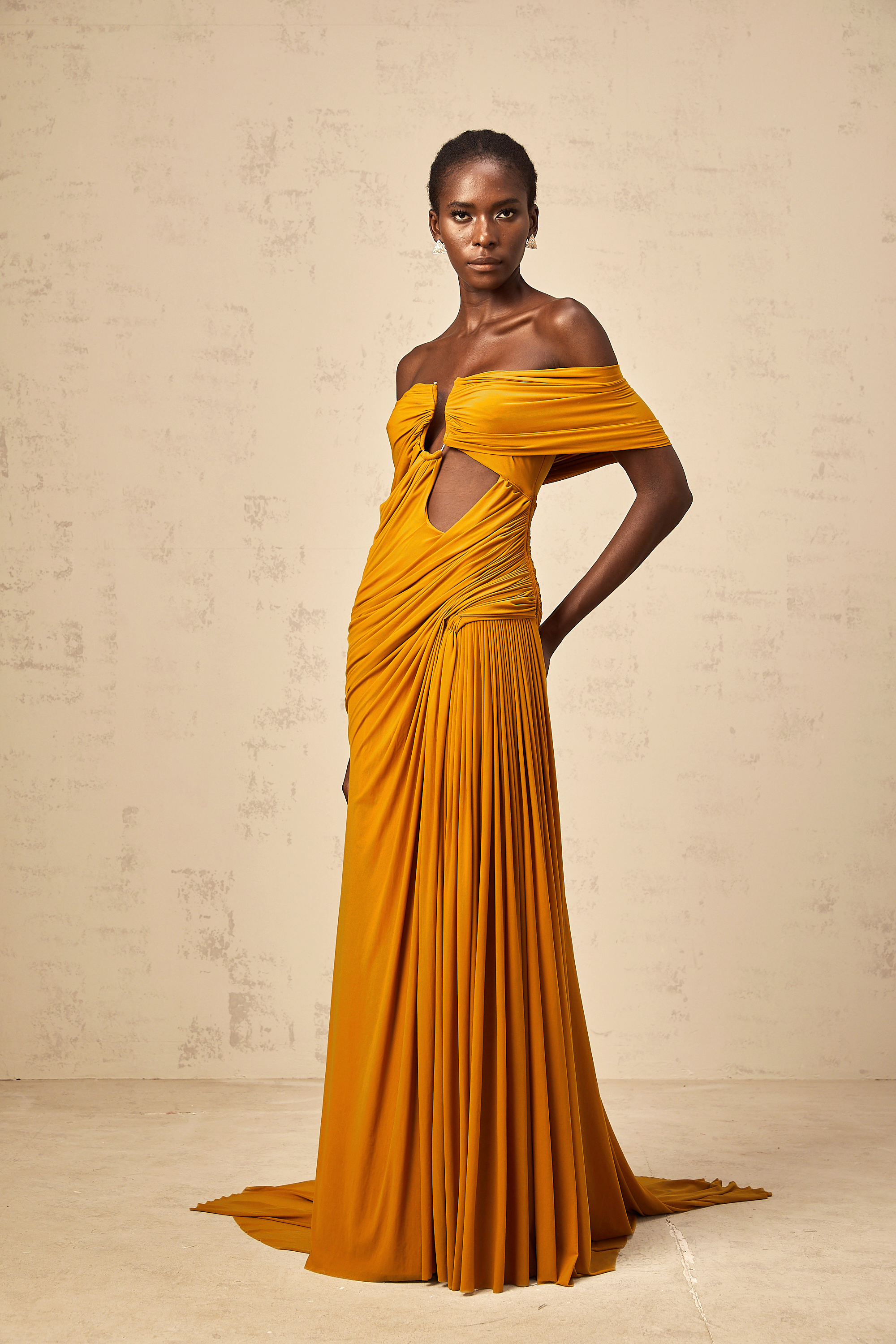 Ludivine ginger off-shoulder cut-out ruched maxi dress