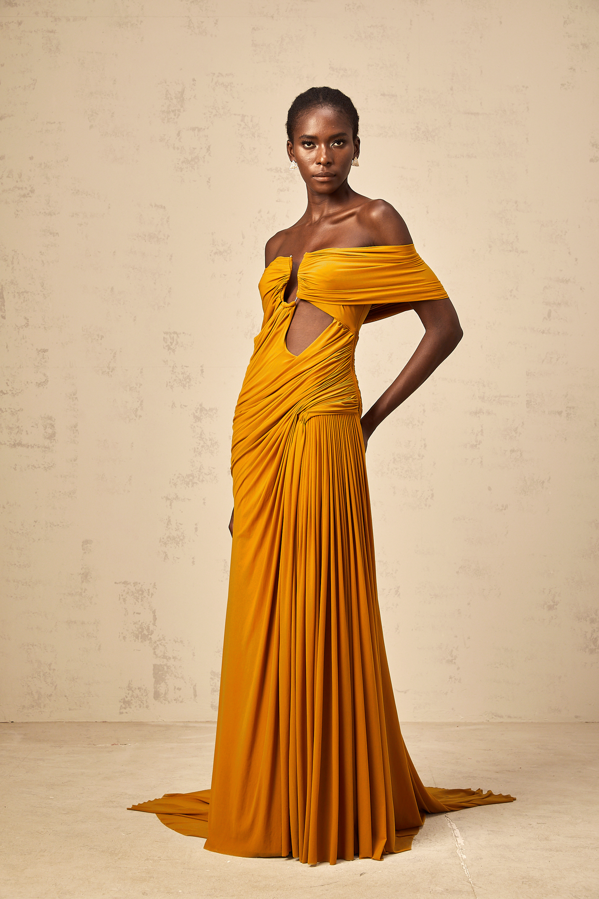 Ludivine ginger off-shoulder cut-out ruched maxi dress