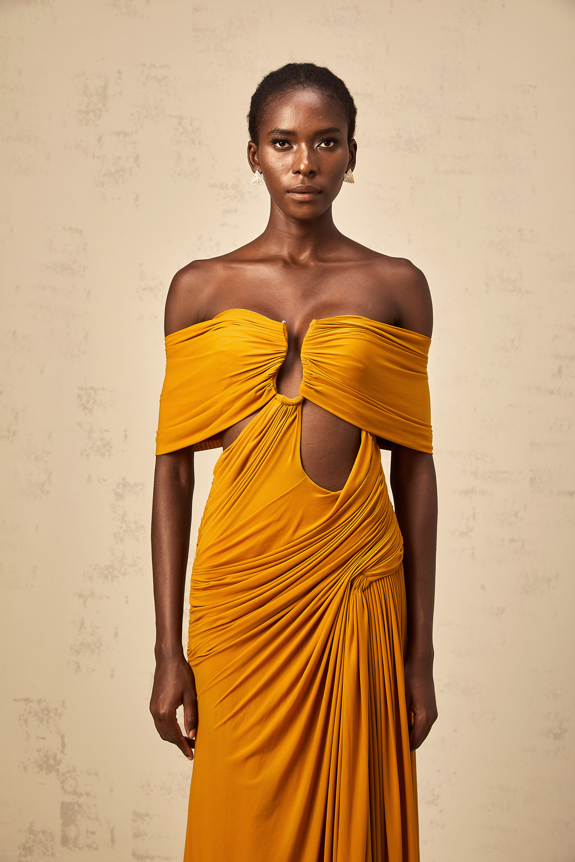 Ludivine ginger off-shoulder cut-out ruched maxi dress