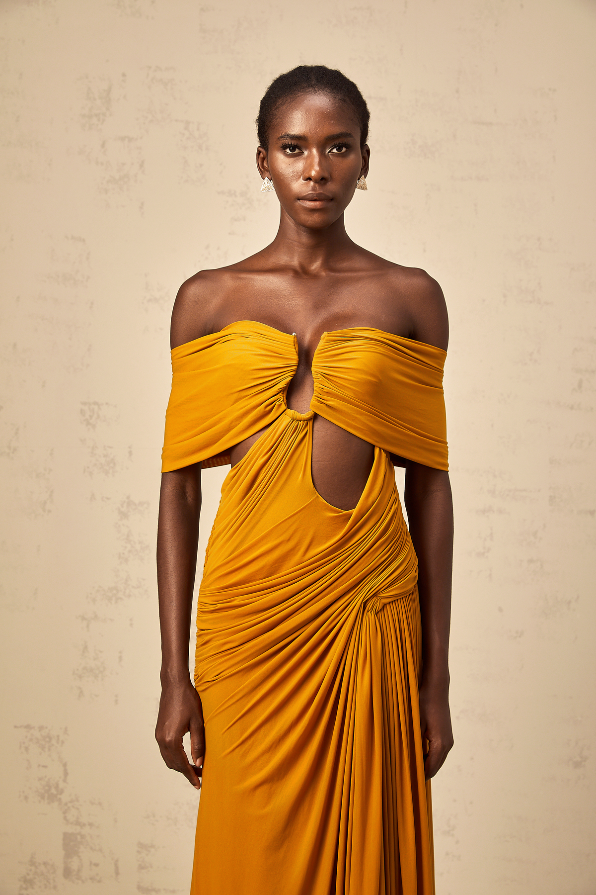 Ludivine ginger off-shoulder cut-out ruched maxi dress