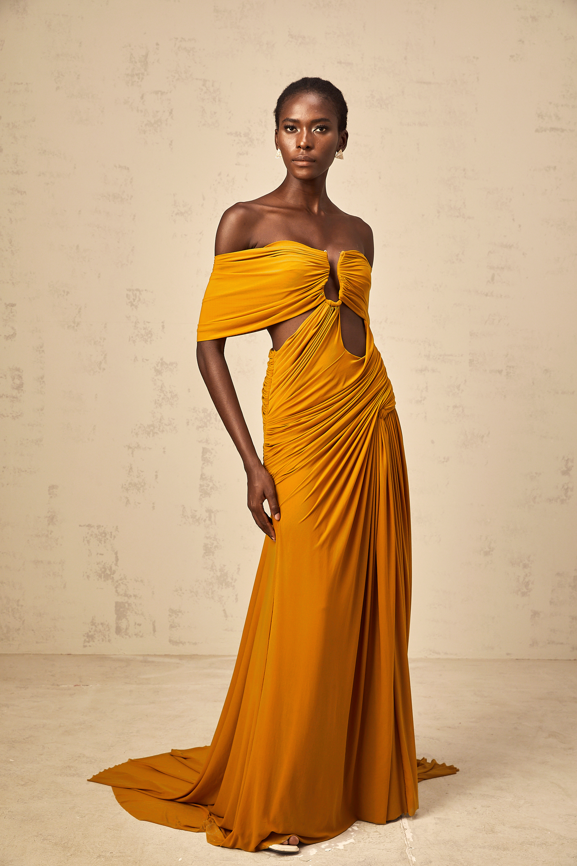 Ludivine ginger off-shoulder cut-out ruched maxi dress