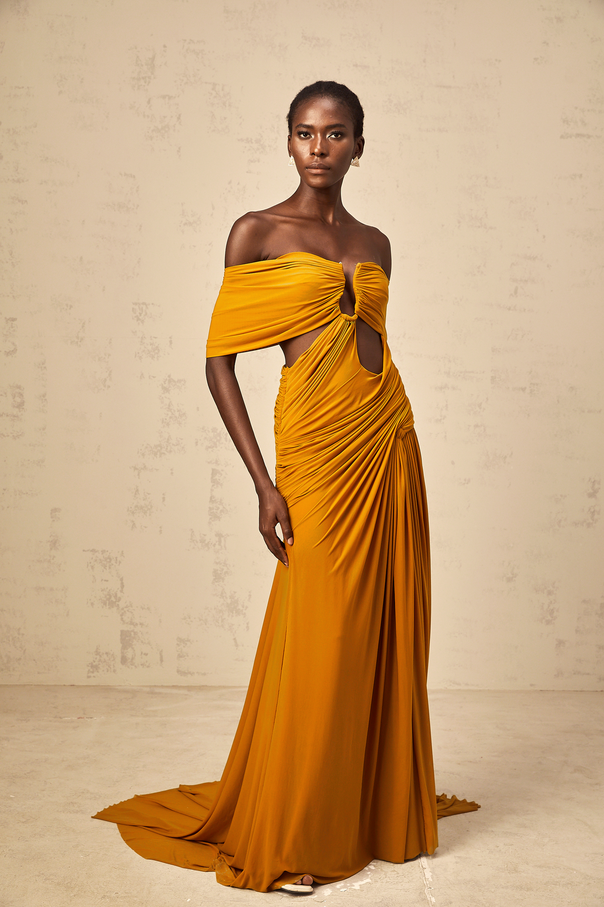 Ludivine ginger off-shoulder cut-out ruched maxi dress