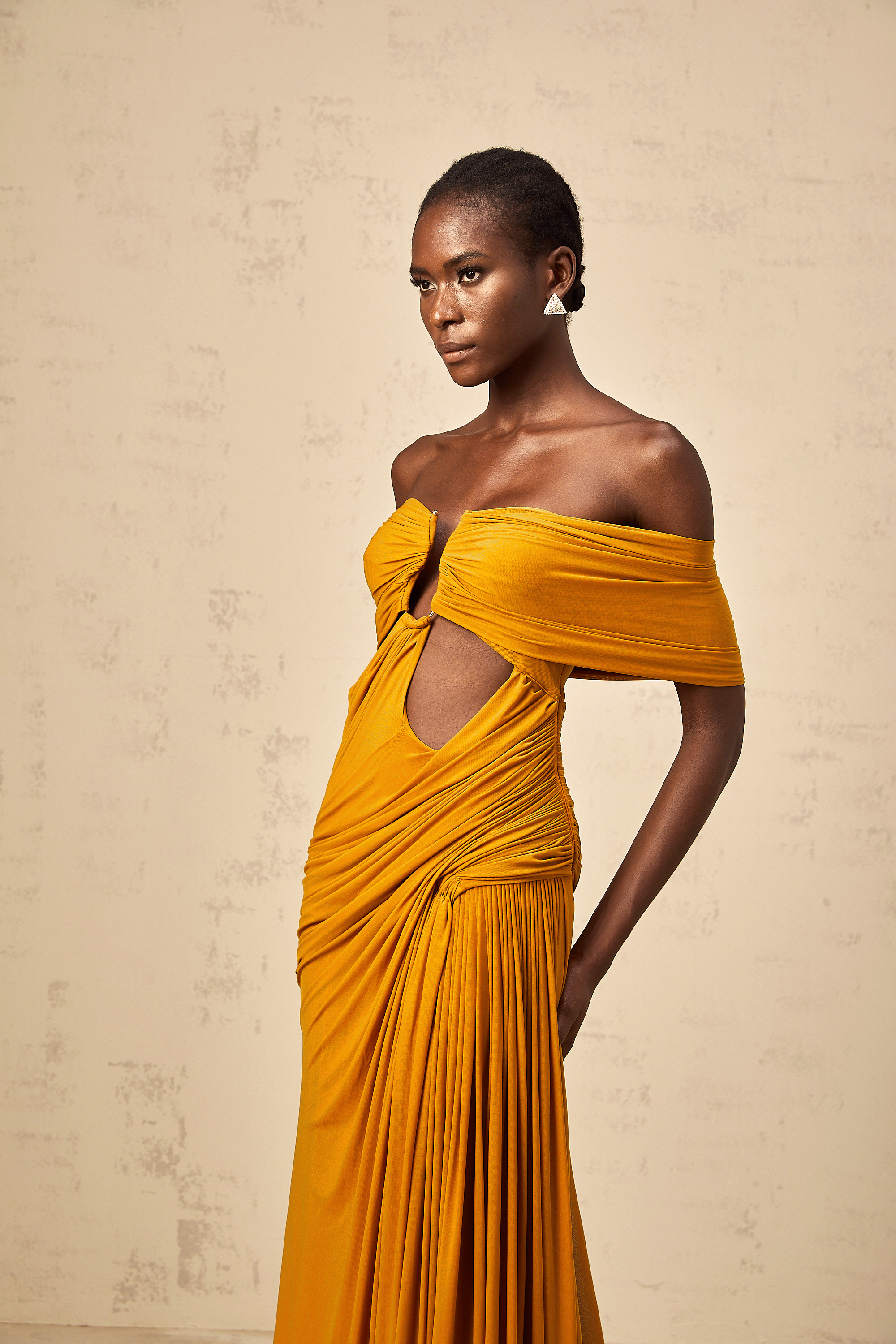 Ludivine ginger off-shoulder cut-out ruched maxi dress