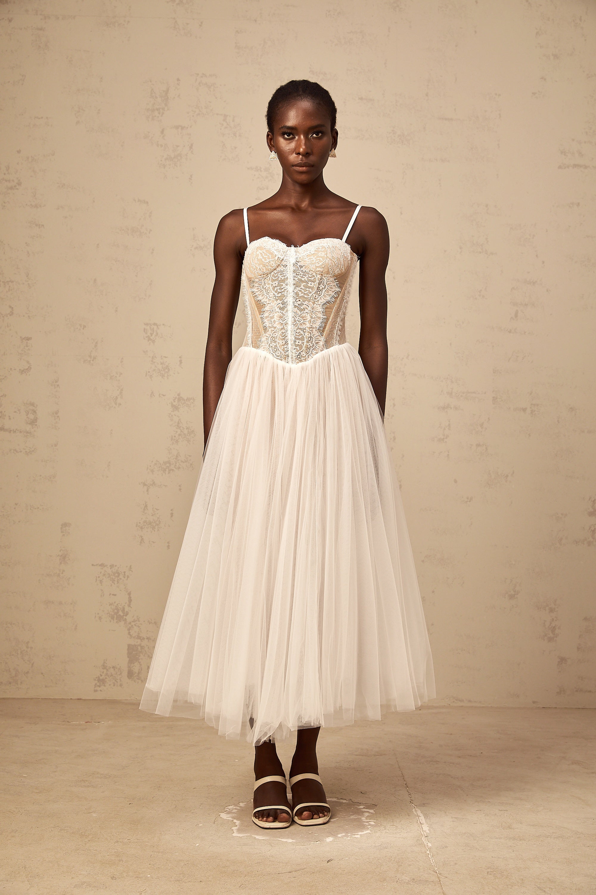 Nolwenn white lace bustier tulle midi dress