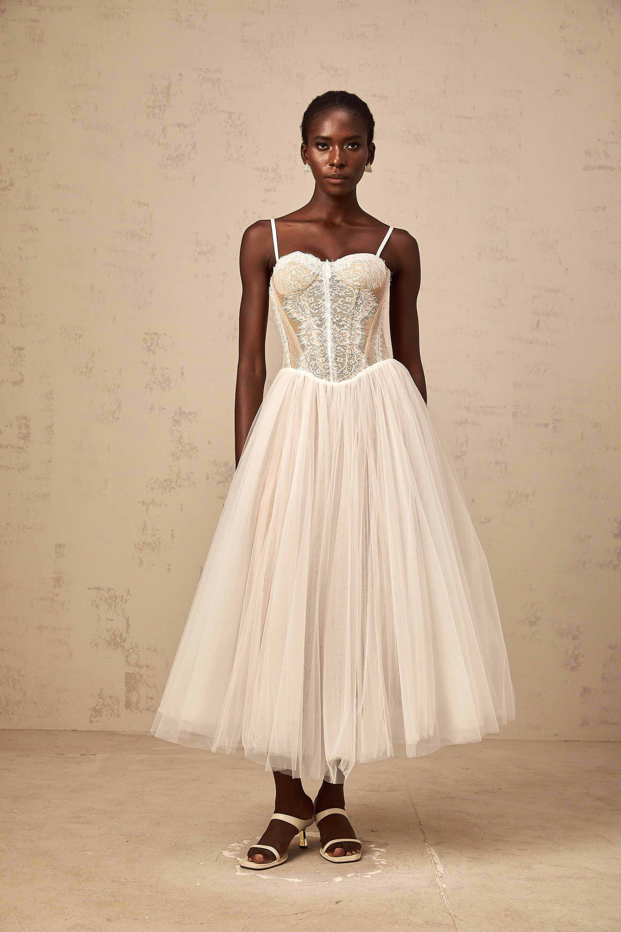 Nolwenn white lace bustier tulle midi dress