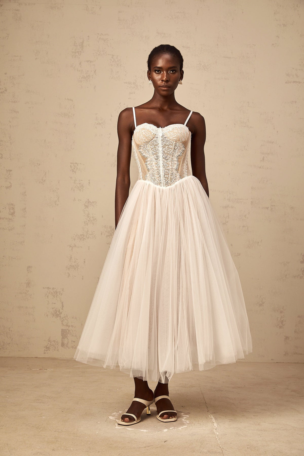 Nolwenn white lace bustier tulle midi dress