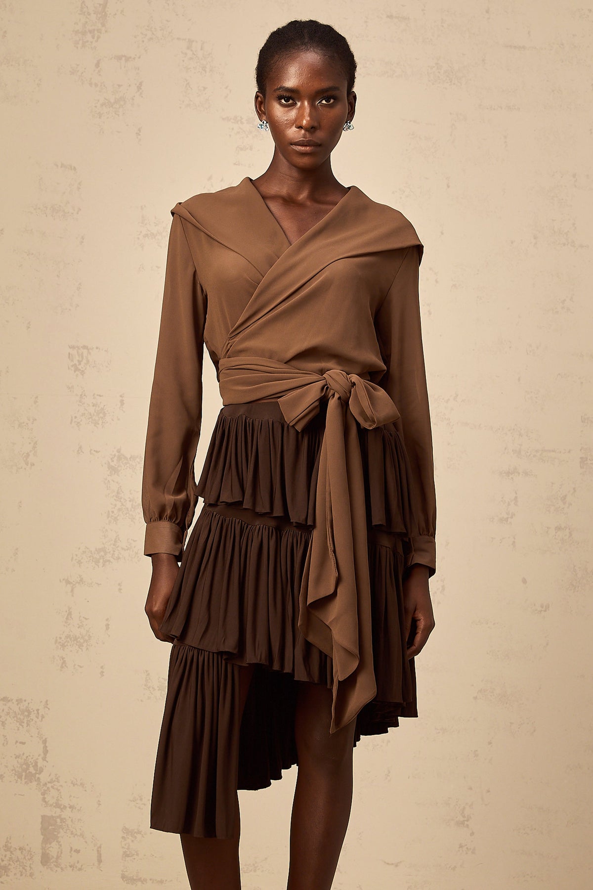 Amandine brown semi-sheer hooded wrap top