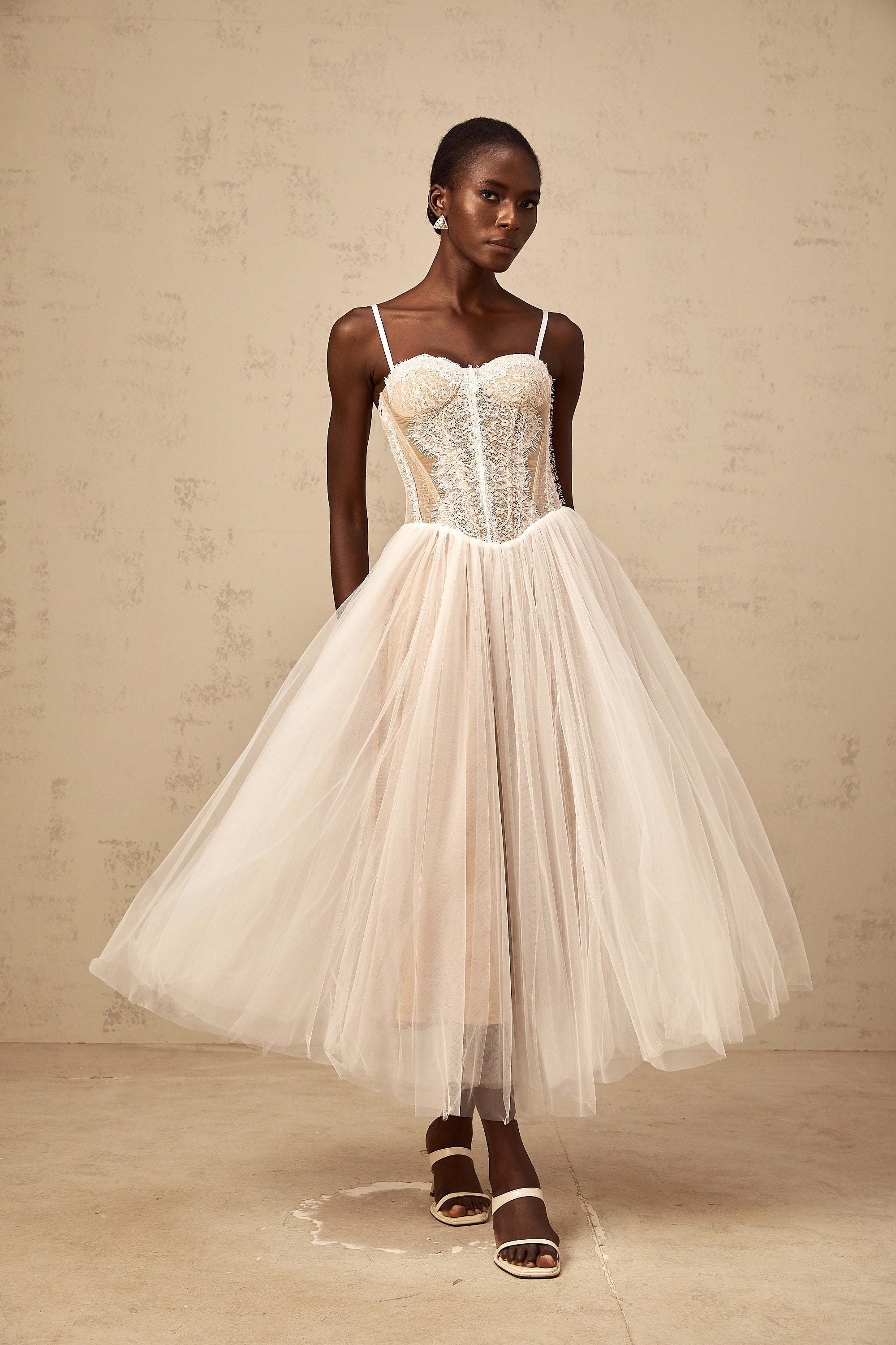 Nolwenn white lace bustier tulle midi dress
