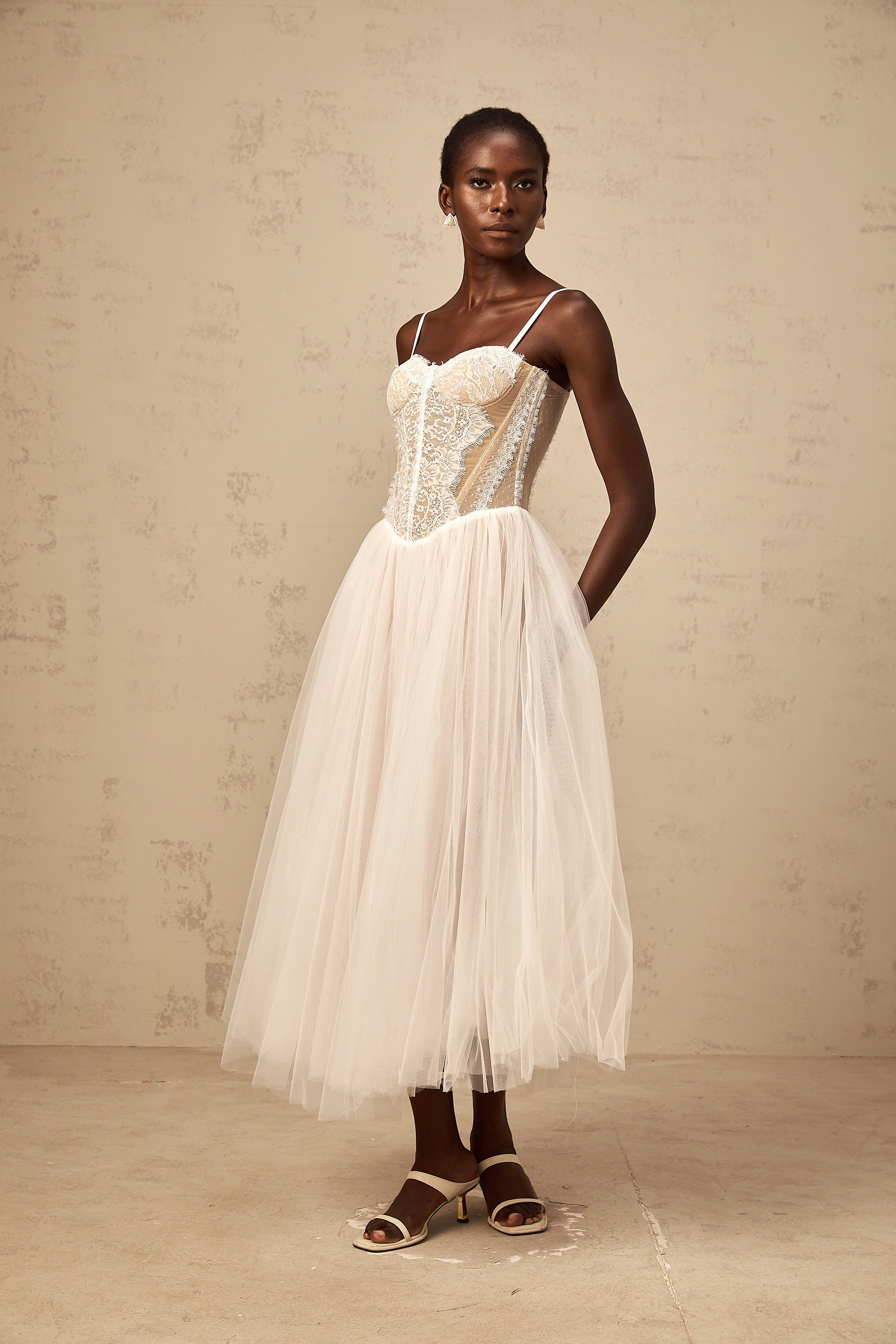 Nolwenn white lace bustier tulle midi dress