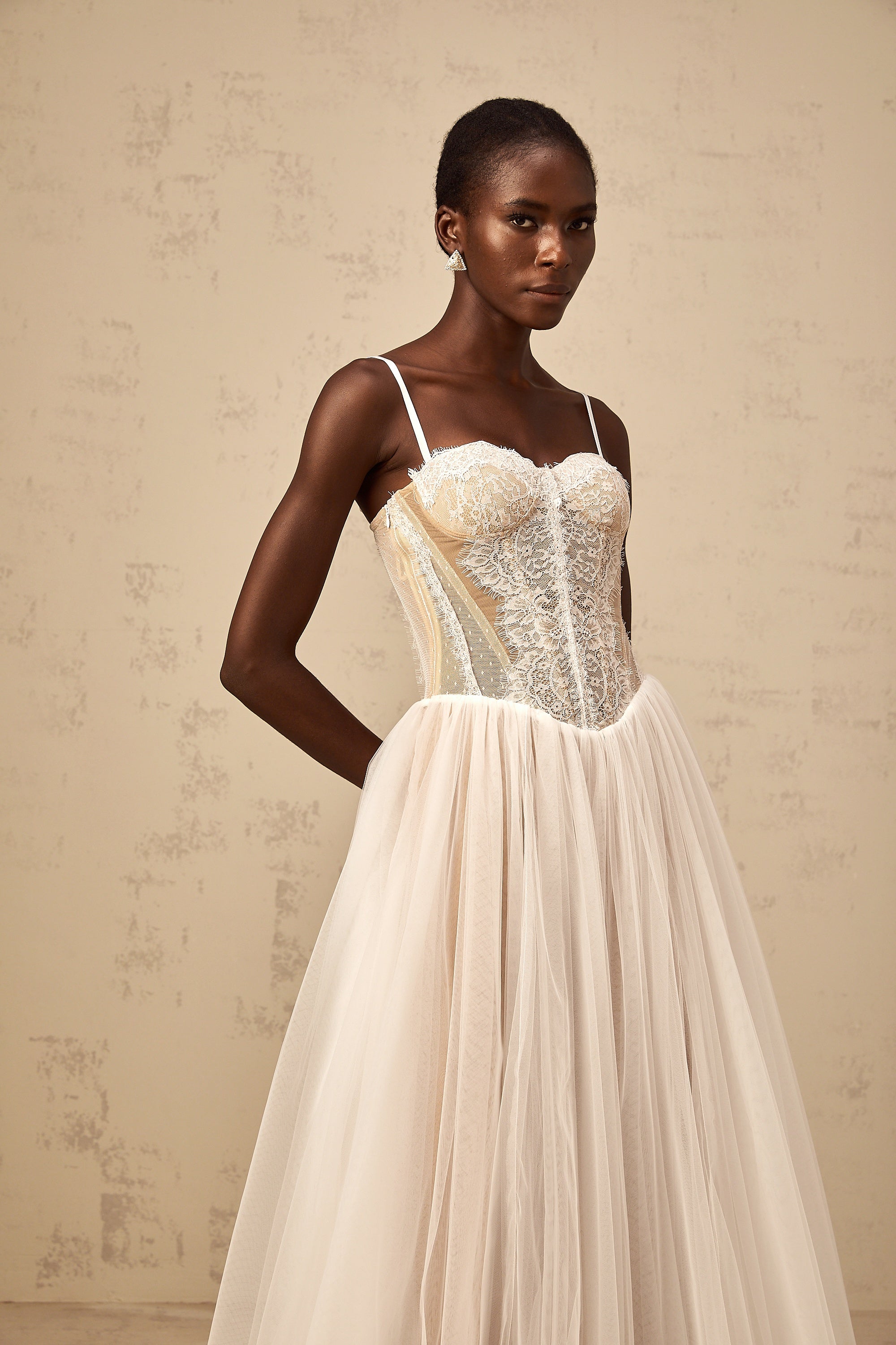 Nolwenn white lace bustier tulle midi dress