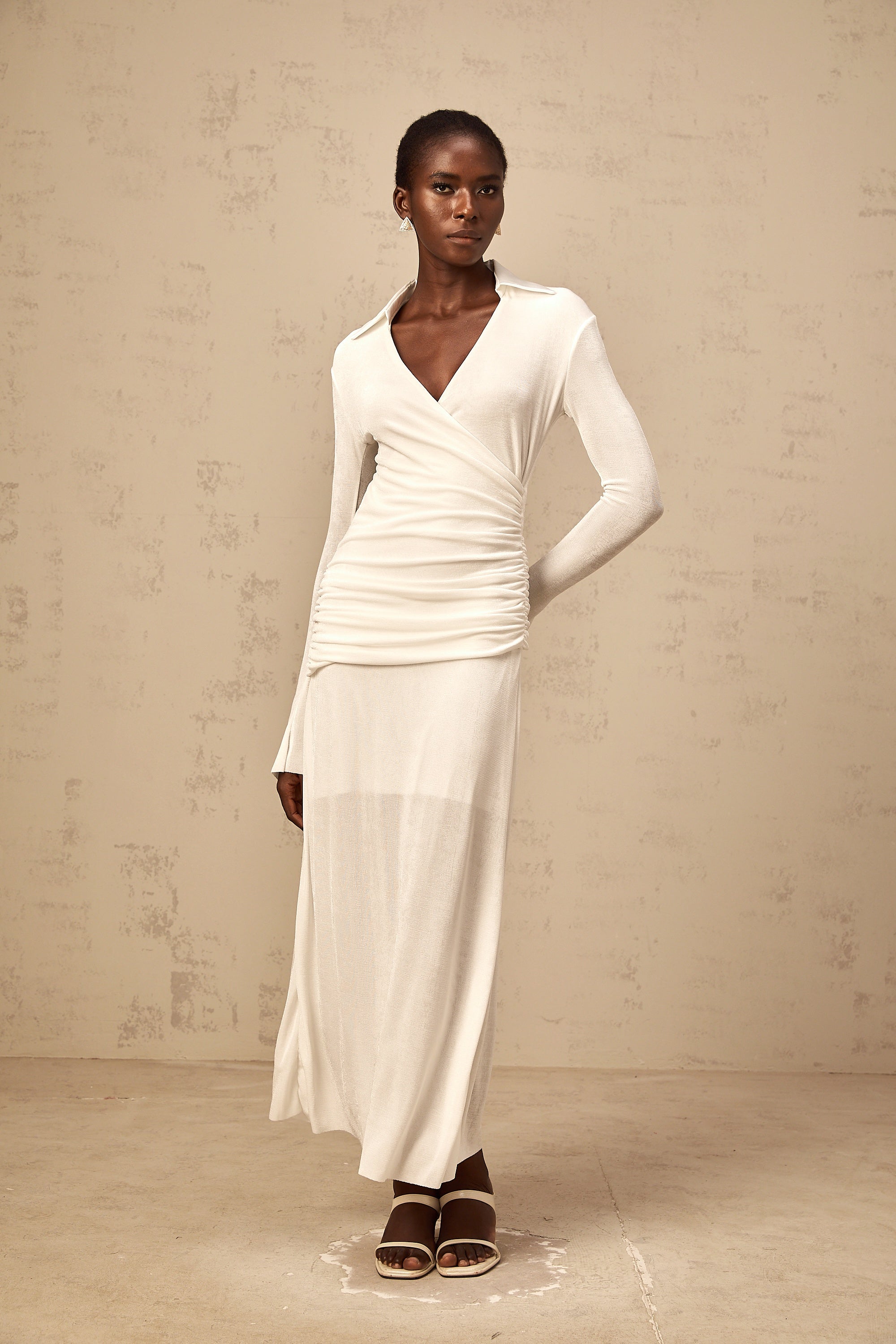 Térébenthine white ruched knit maxi dress