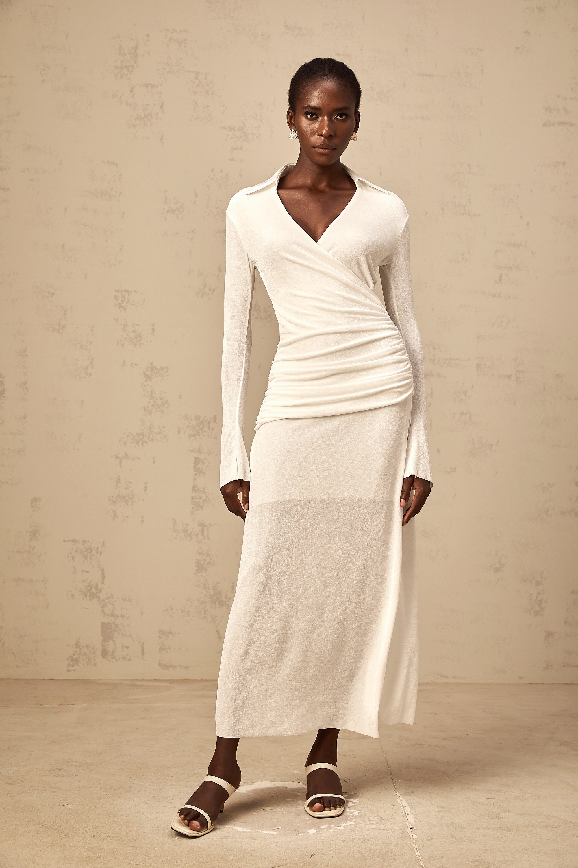 Térébenthine white ruched knit maxi dress