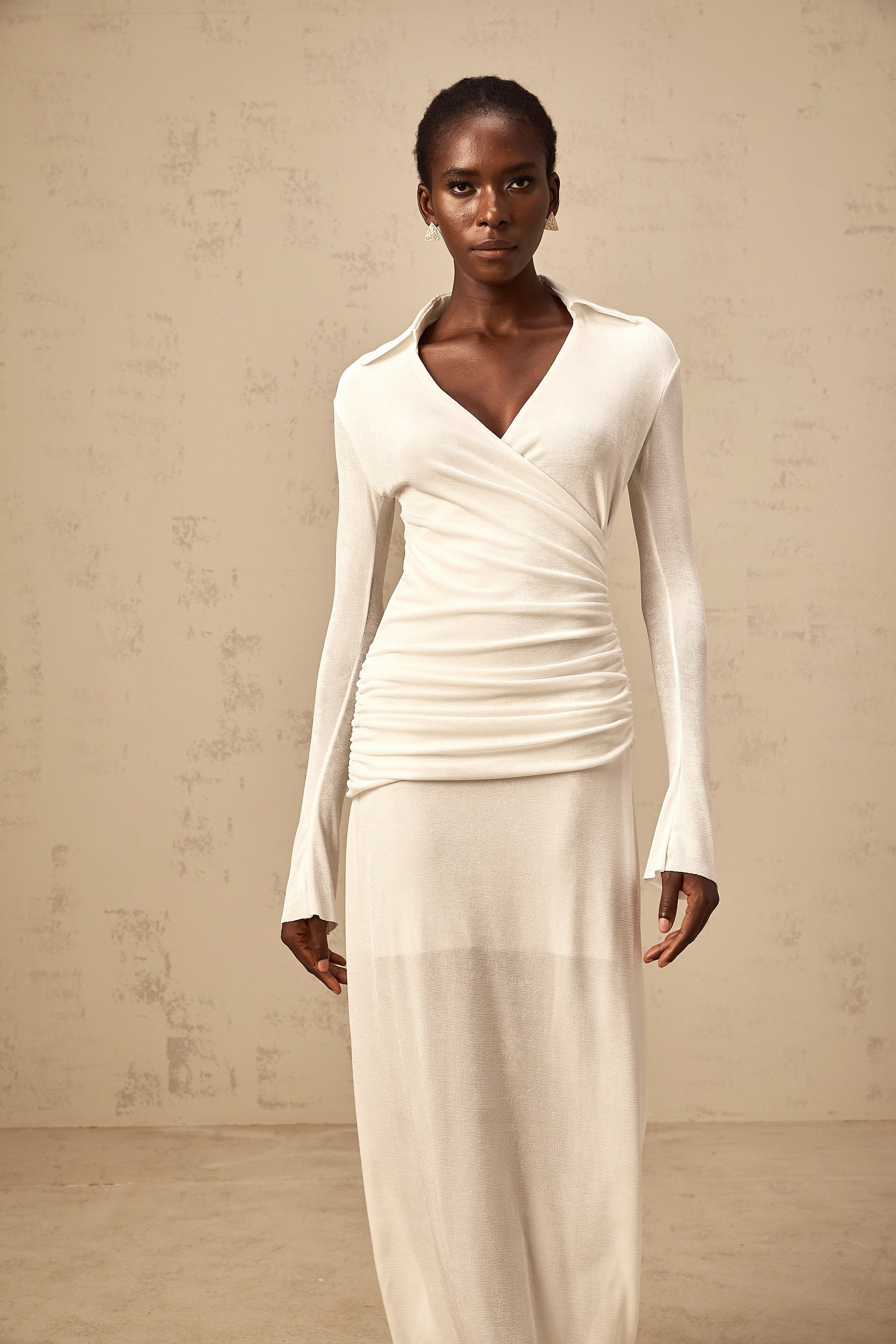 Térébenthine white ruched knit maxi dress
