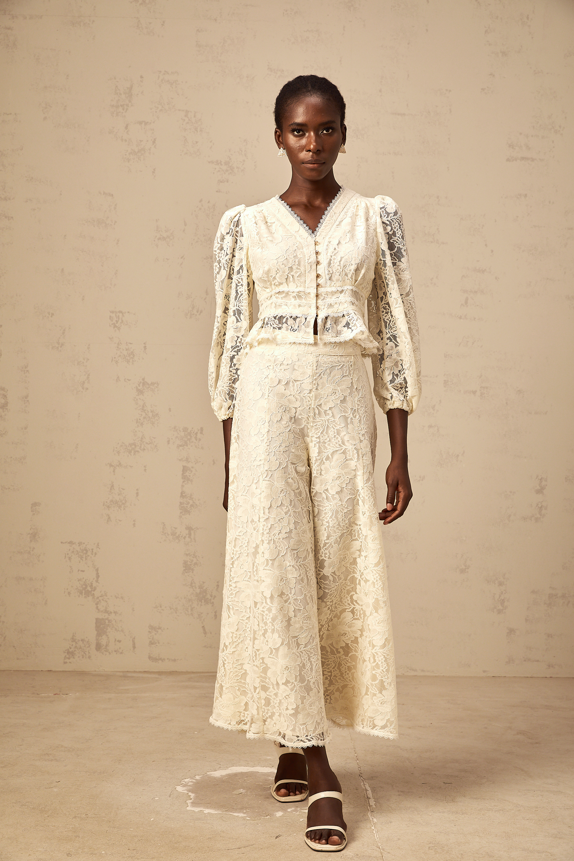 Jacinthe neutrals floral-lace blouse & trousers matching set