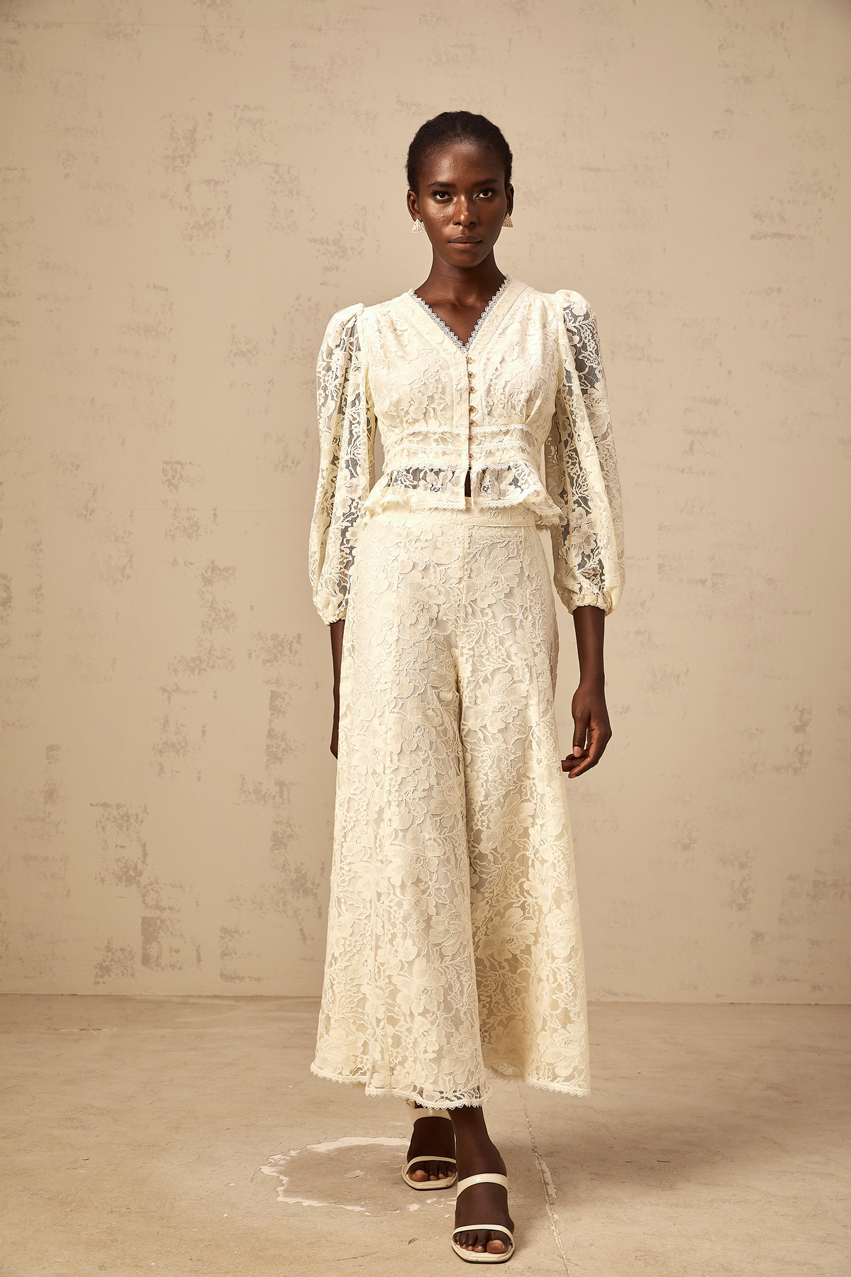 Jacinthe neutrals floral-lace blouse & trousers matching set