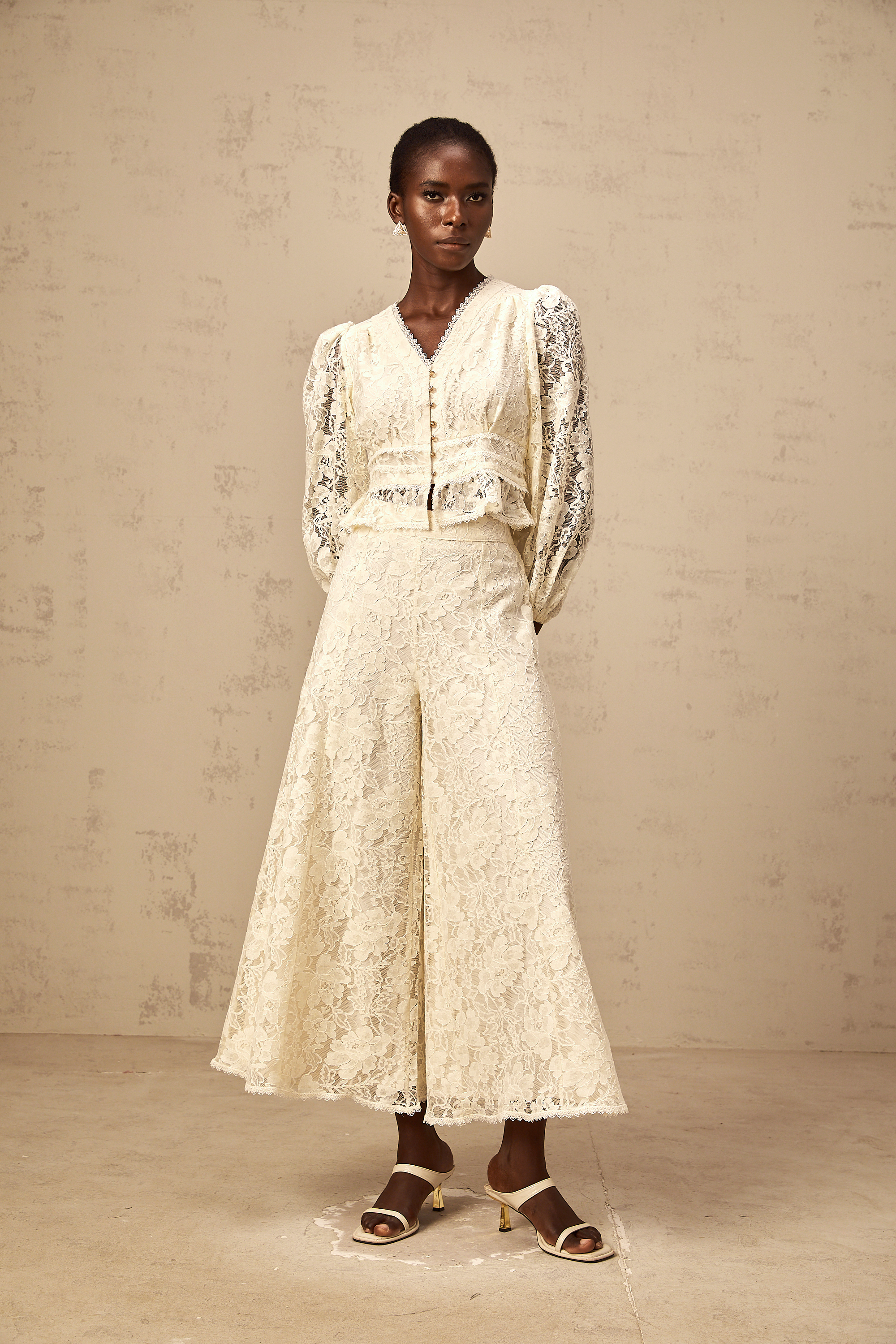 Jacinthe neutrals floral-lace blouse & trousers matching set