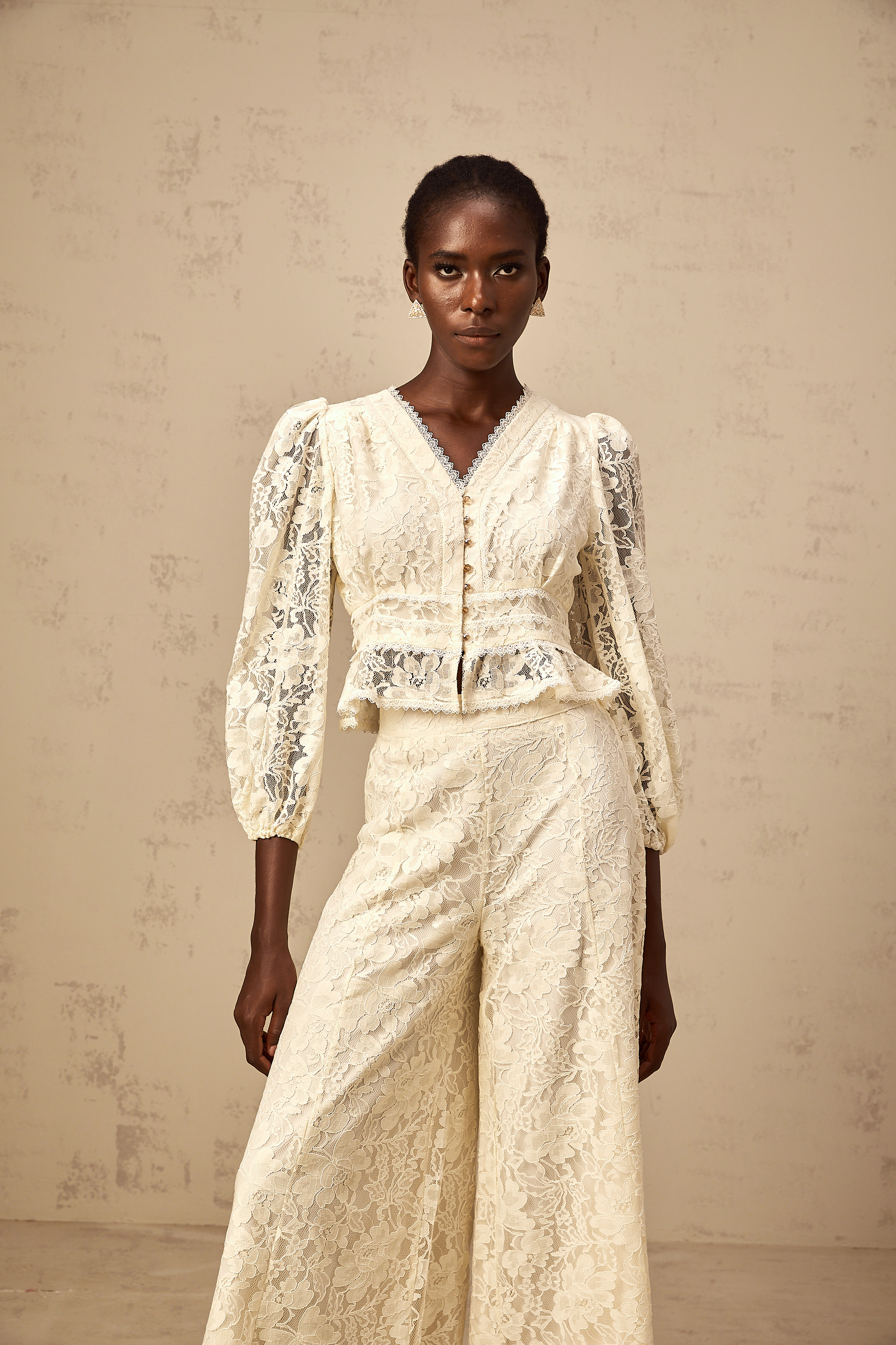 Jacinthe neutrals floral-lace blouse & trousers matching set