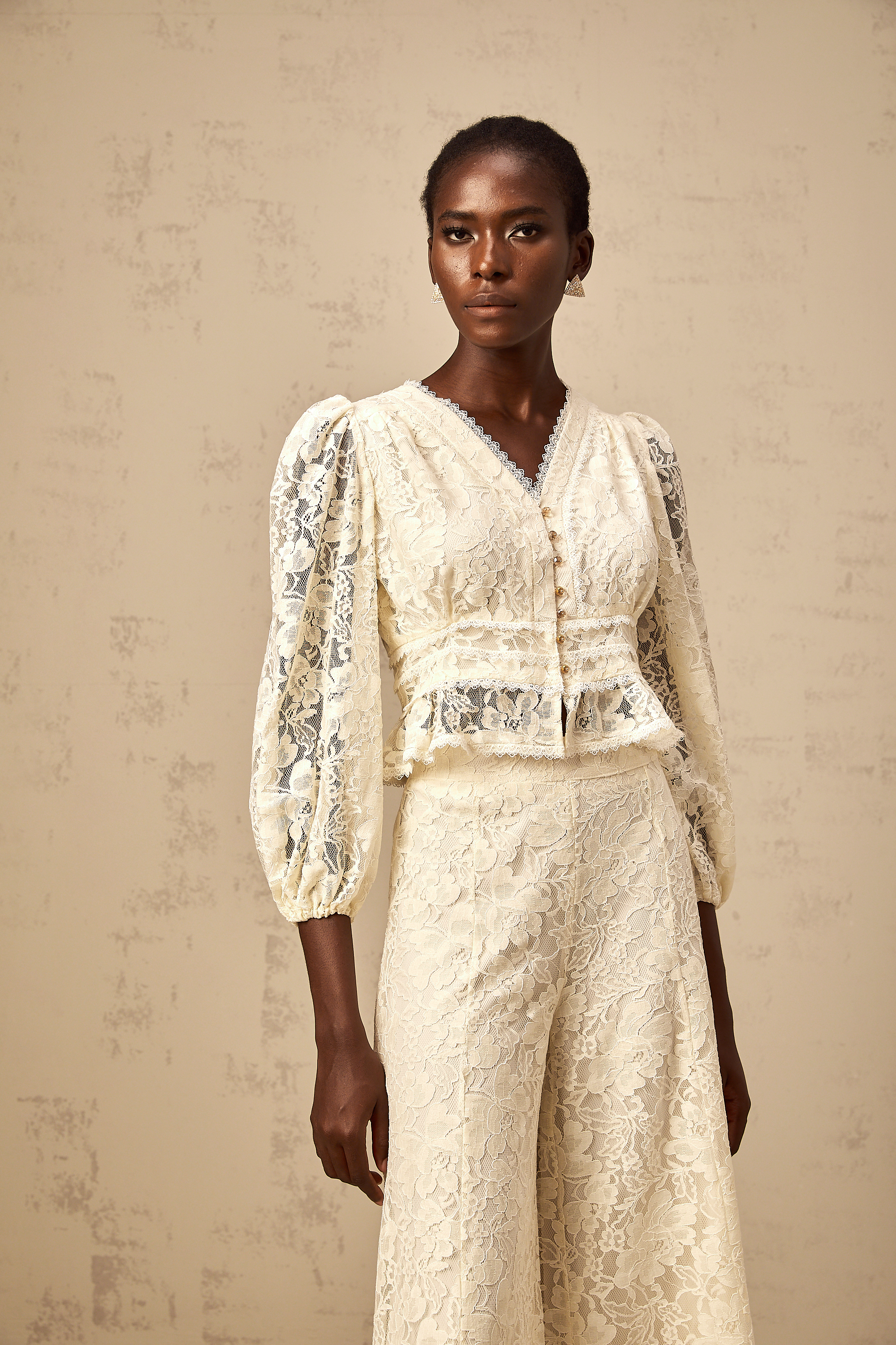Jacinthe neutrals floral-lace blouse & trousers matching set